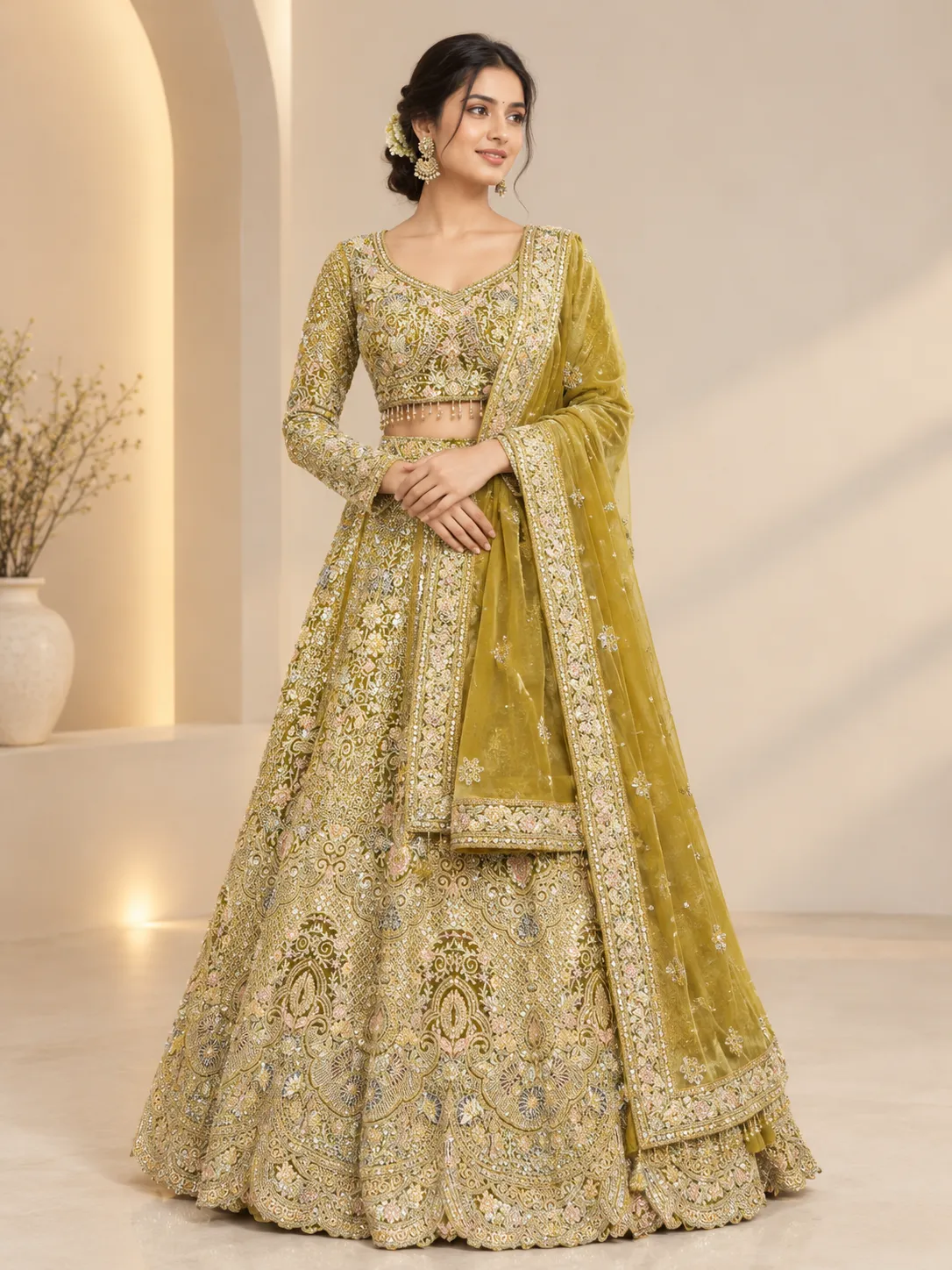  Mehandi Green Floral Designer Lehenga 