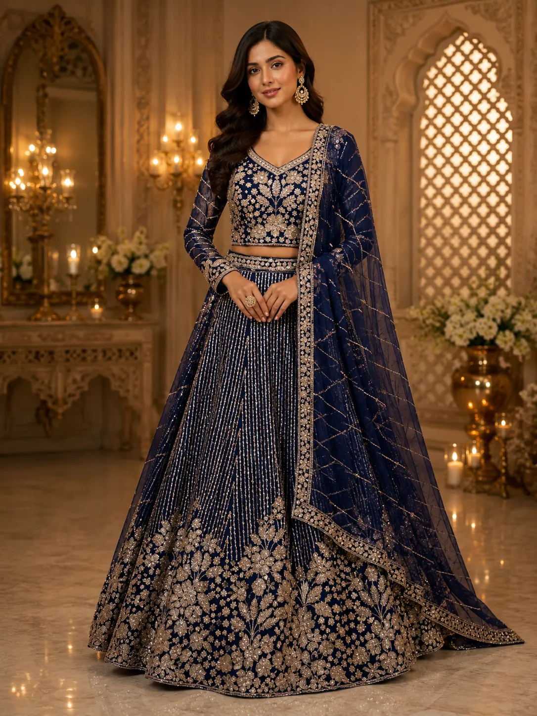 Navy Blue Glitter Flow Bridal Lehenga - L6087 - L5032