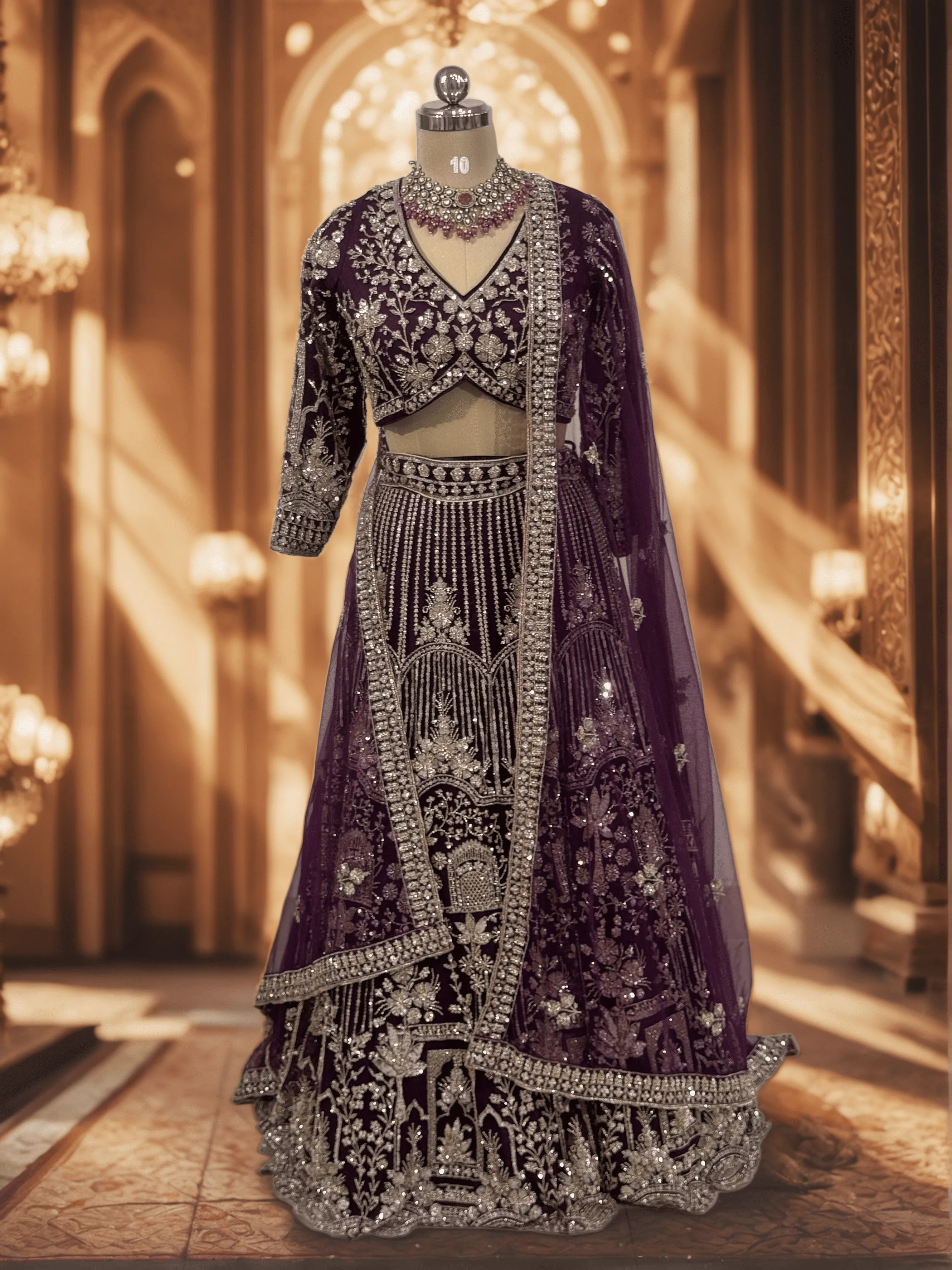 Dark Wine With Gold Lehenga , GRW - L0095