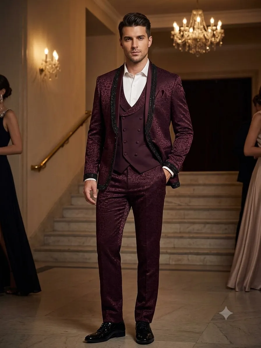 Wine With Black Stone Lapel Embroidery - CHN