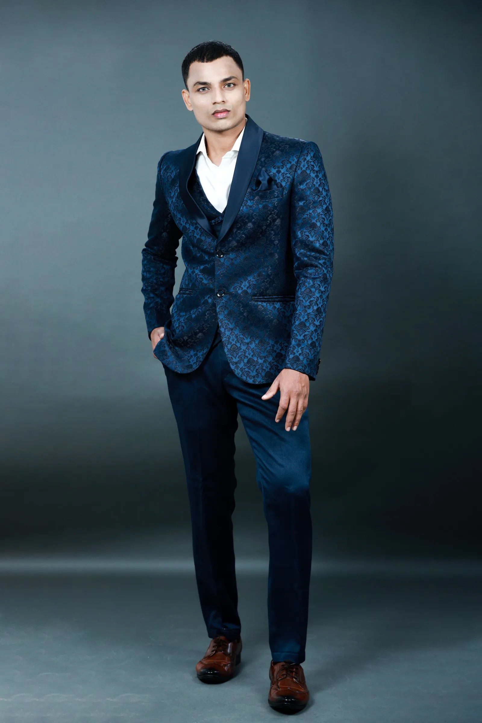 Blue Lapel 3 Piece Printed Tuxedo - WES