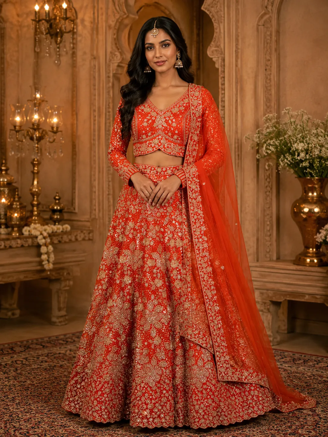 Deep Orange Heavy Work Bridal Lehenga GRW , L0113