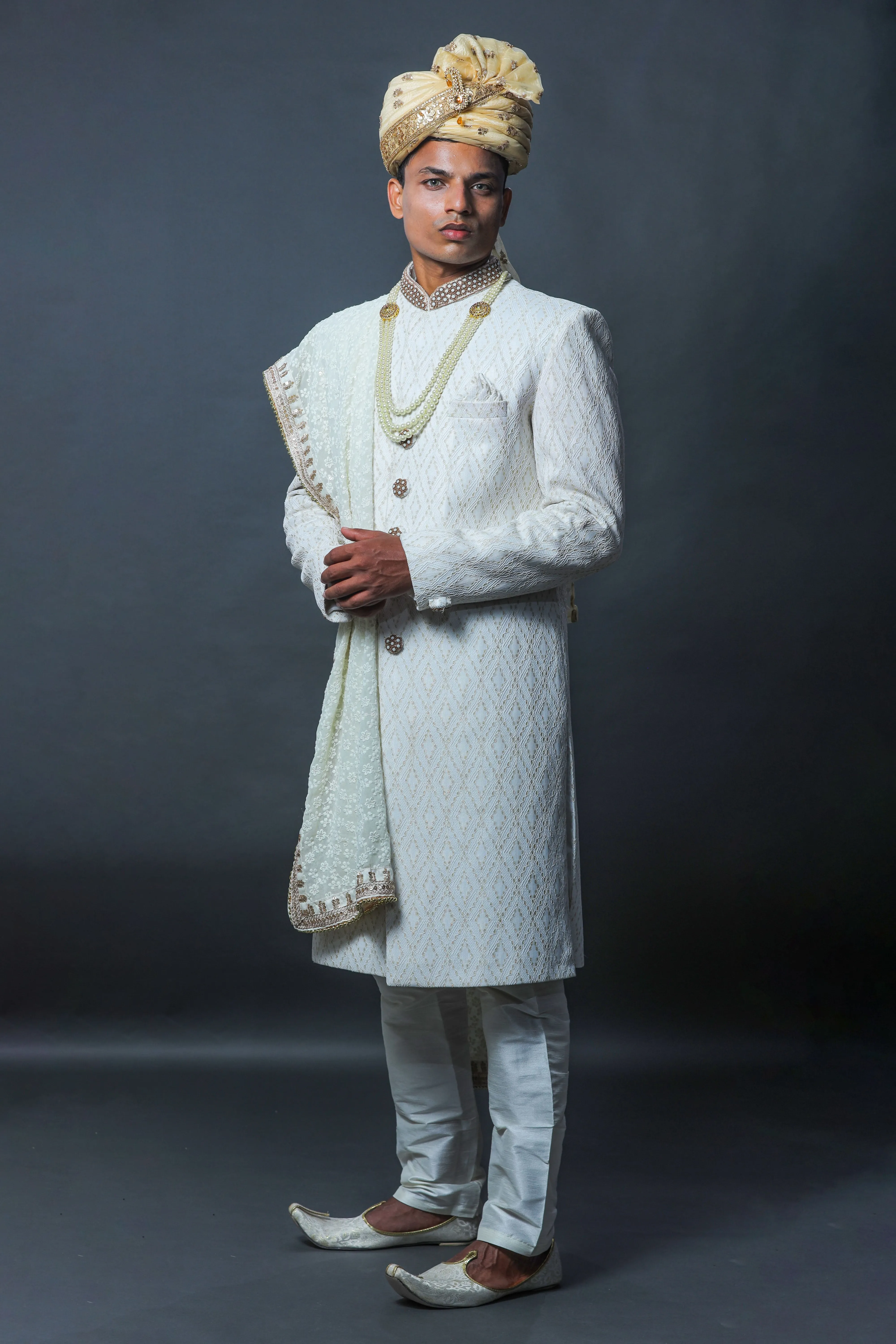 White and Gold Colour Sherwani
