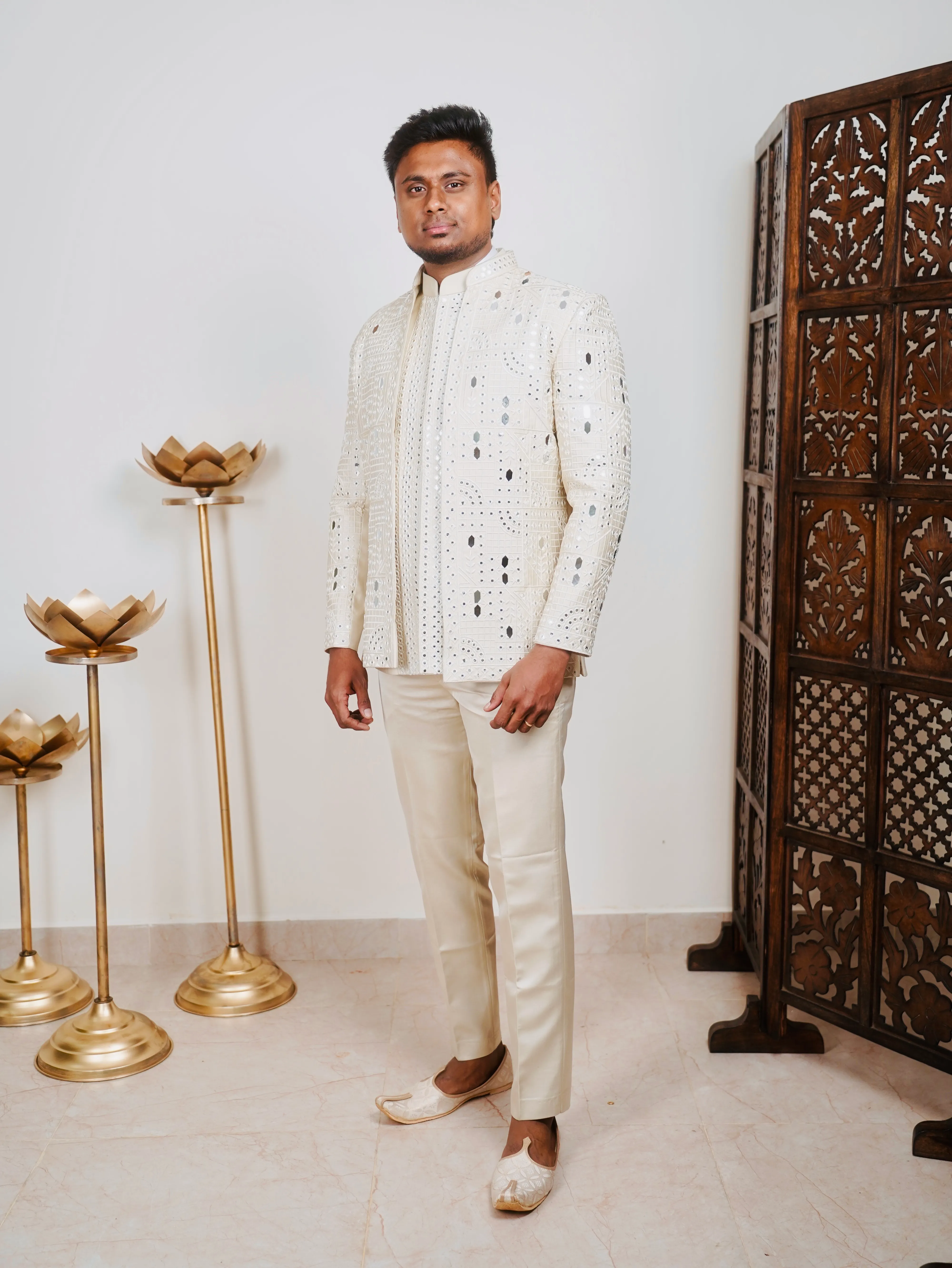Beige Mirror Embroidered Jodhpuri