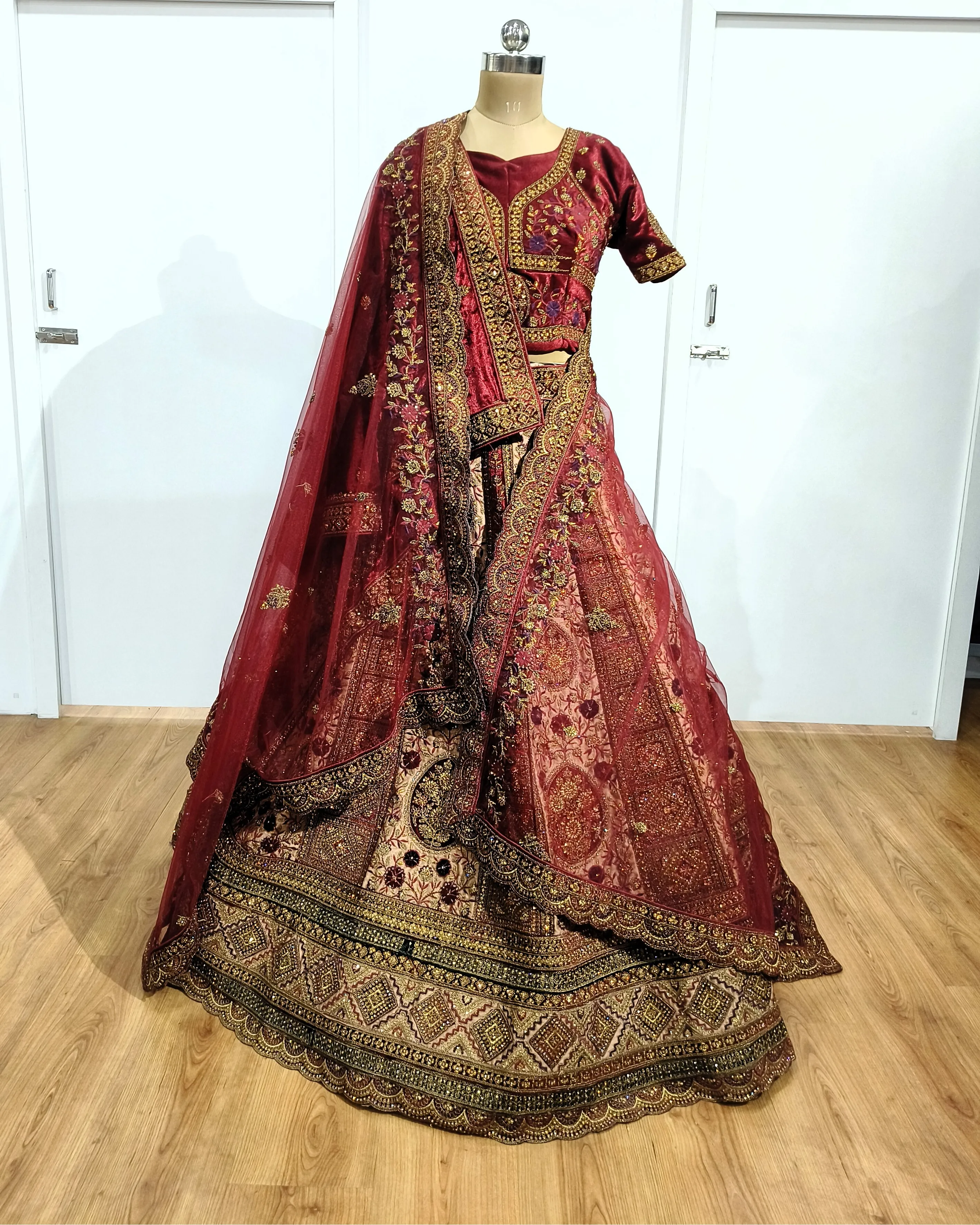 Marron Bridal Lehanga with Green Border - GRW
