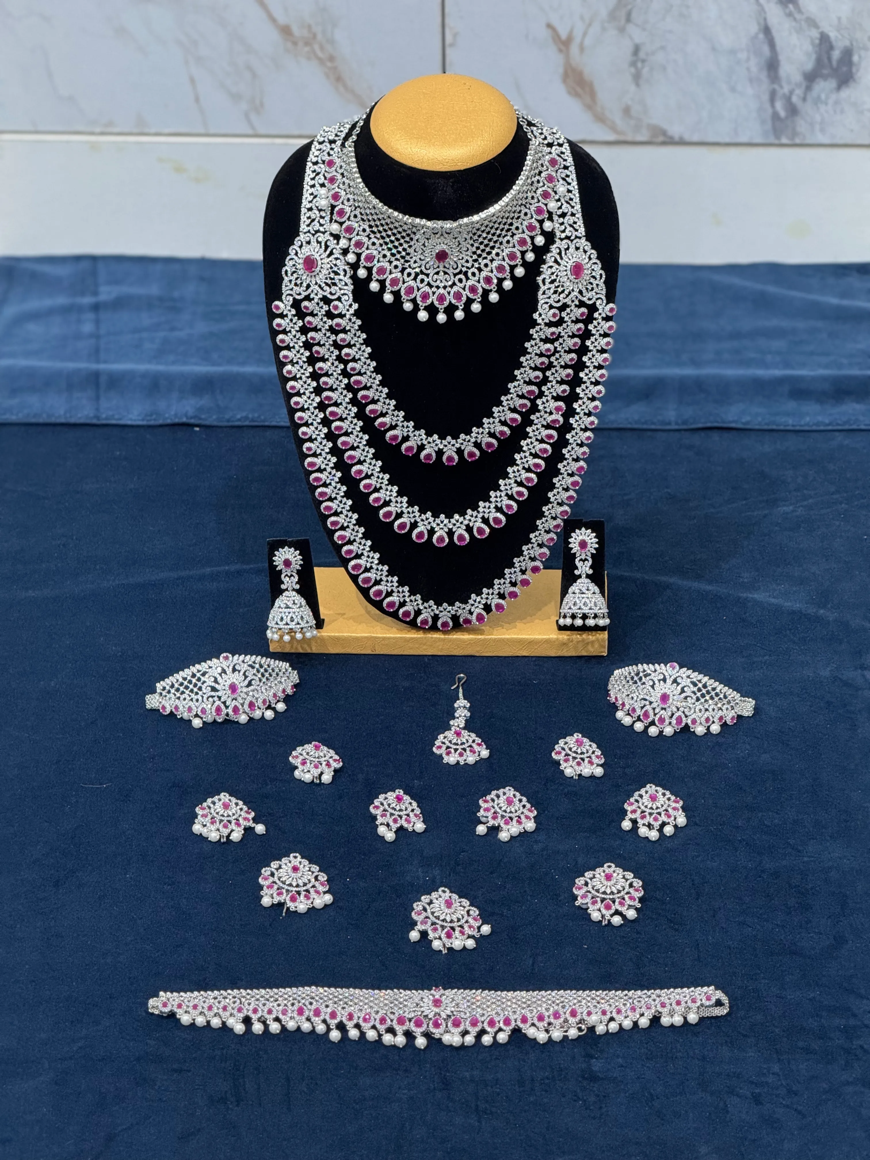 Red stone American Diamond Step chain Full Set - D0015