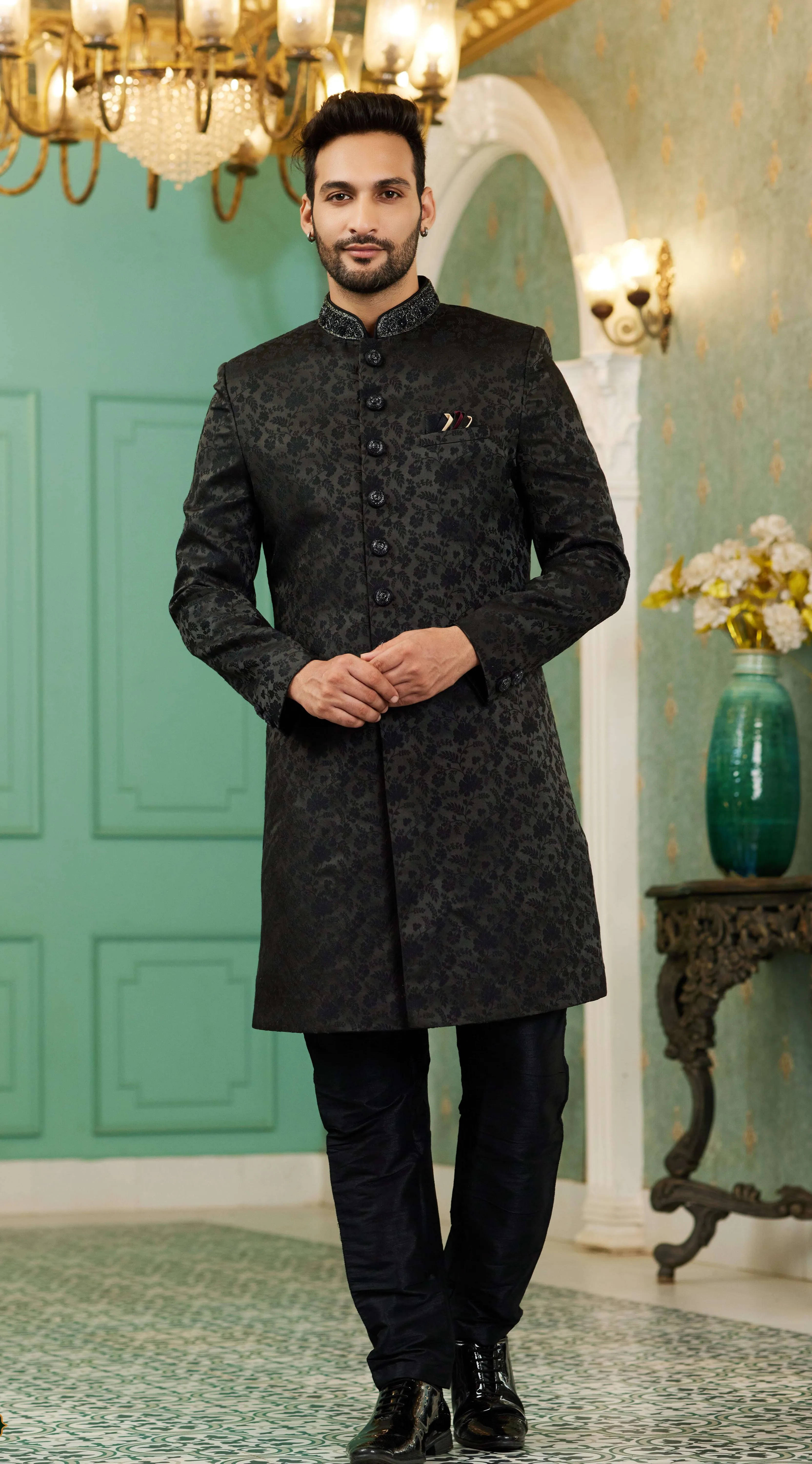Black Jacquard Embroidered Sherwani