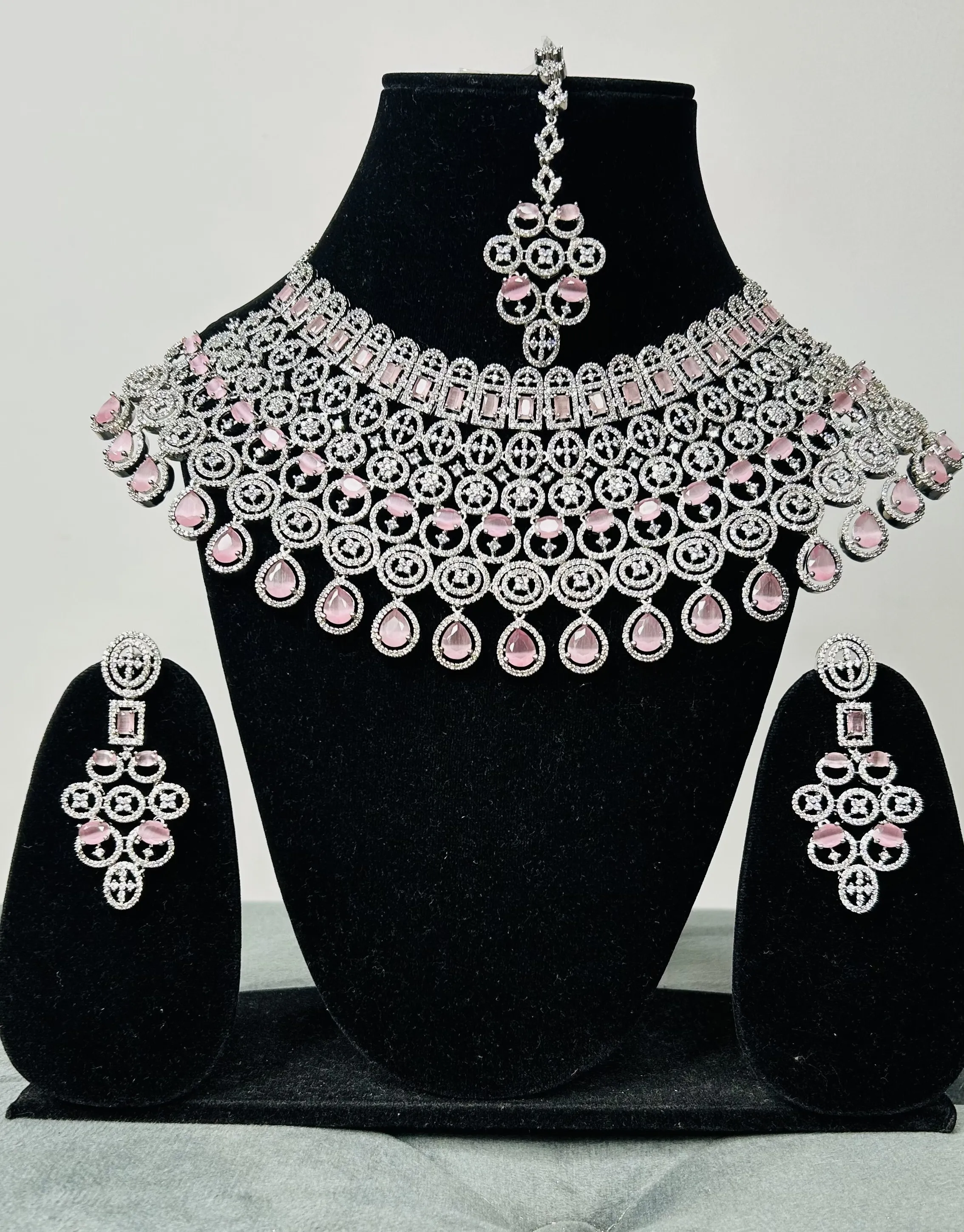 Rose quartz Diamond Bridal Necklace Set - D0011