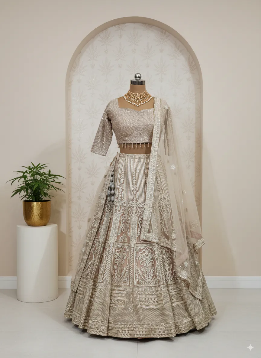 Golden Beige Sequin Work Bridal Lehenga - L6067 , GRW
