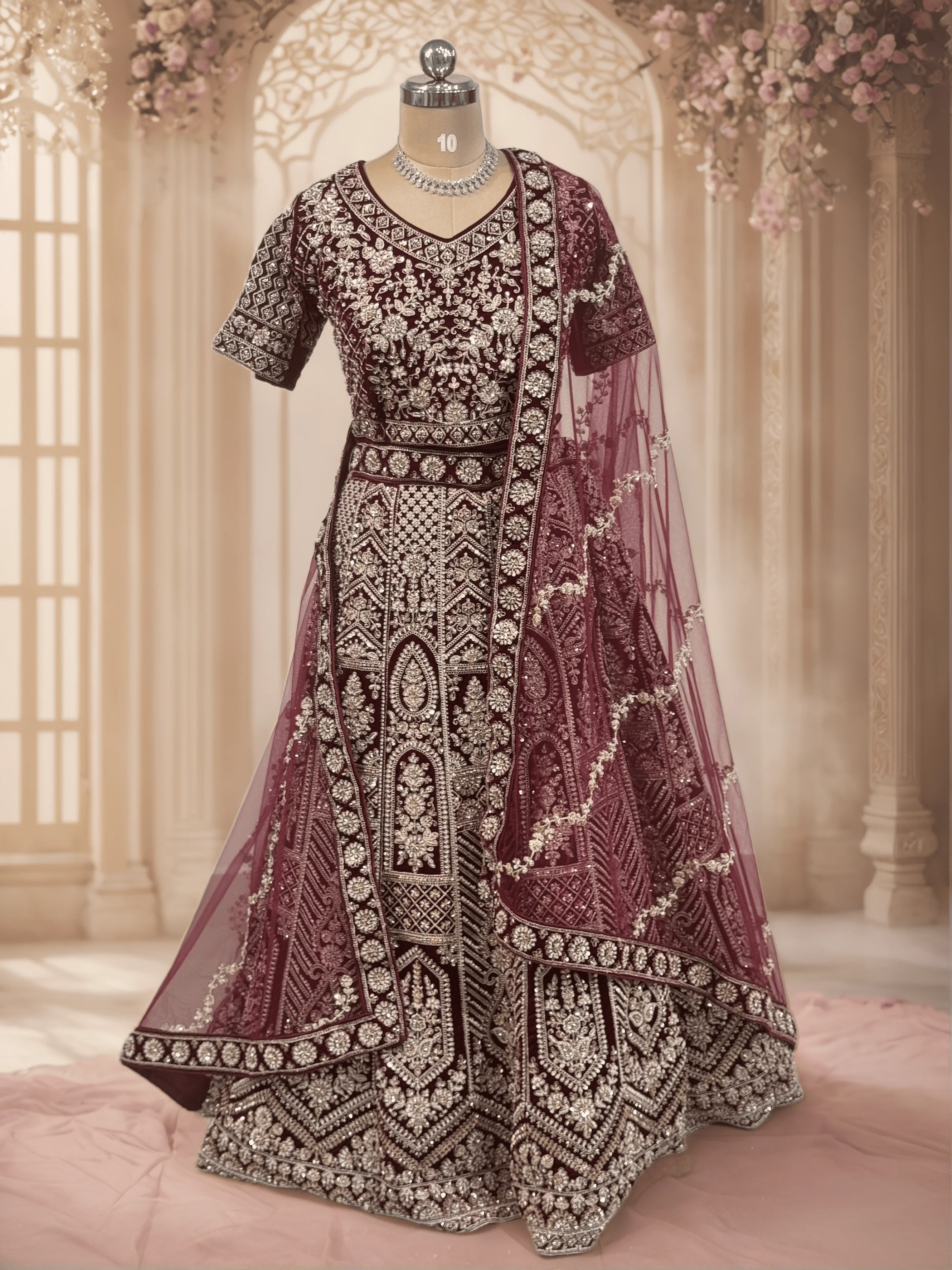 Red With Gold Velvet Lehenga , GRW - L0100