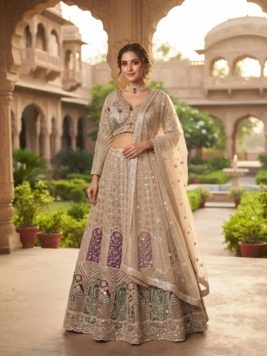 Cream With Green Full Sequence Bridal Lehenga - L0133 - GRW