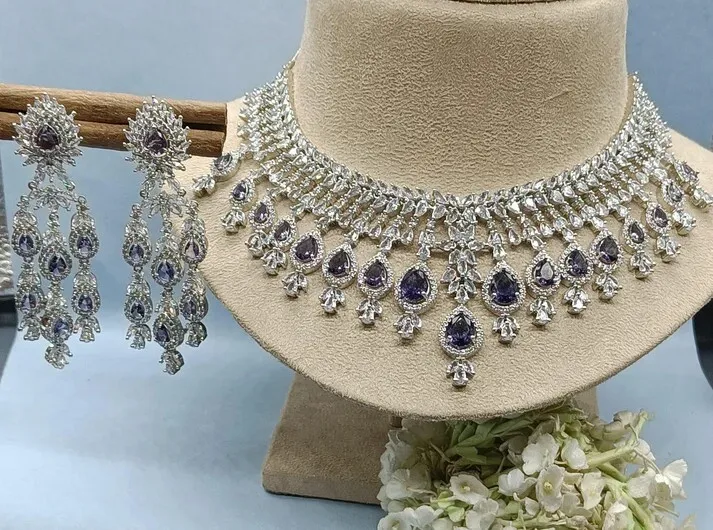 Diamond and Purple Stone Bridal Necklace Set - D0006
