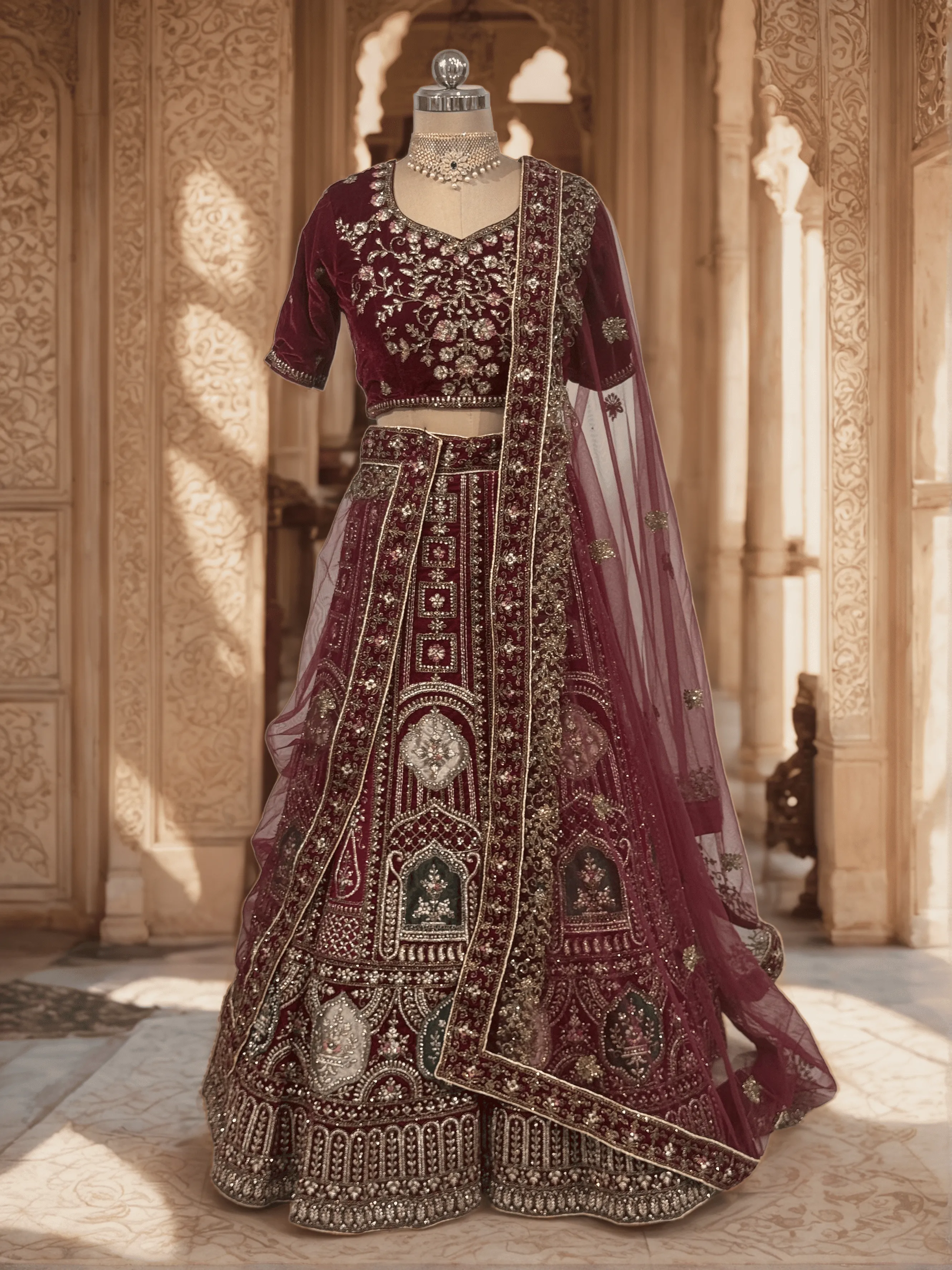 Maroon With Gold Velvet Lehenga , GRW - L0099