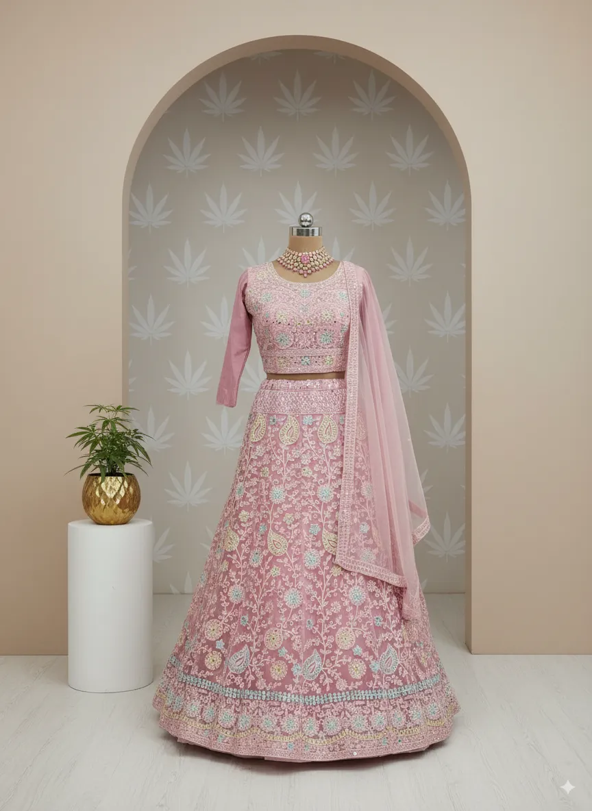 Elegant Pink Sequin and Threadwork Lehenga - L6066 , GRW