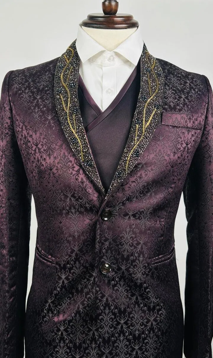 Wine Tuxedo with Gold Embroidery - EMS