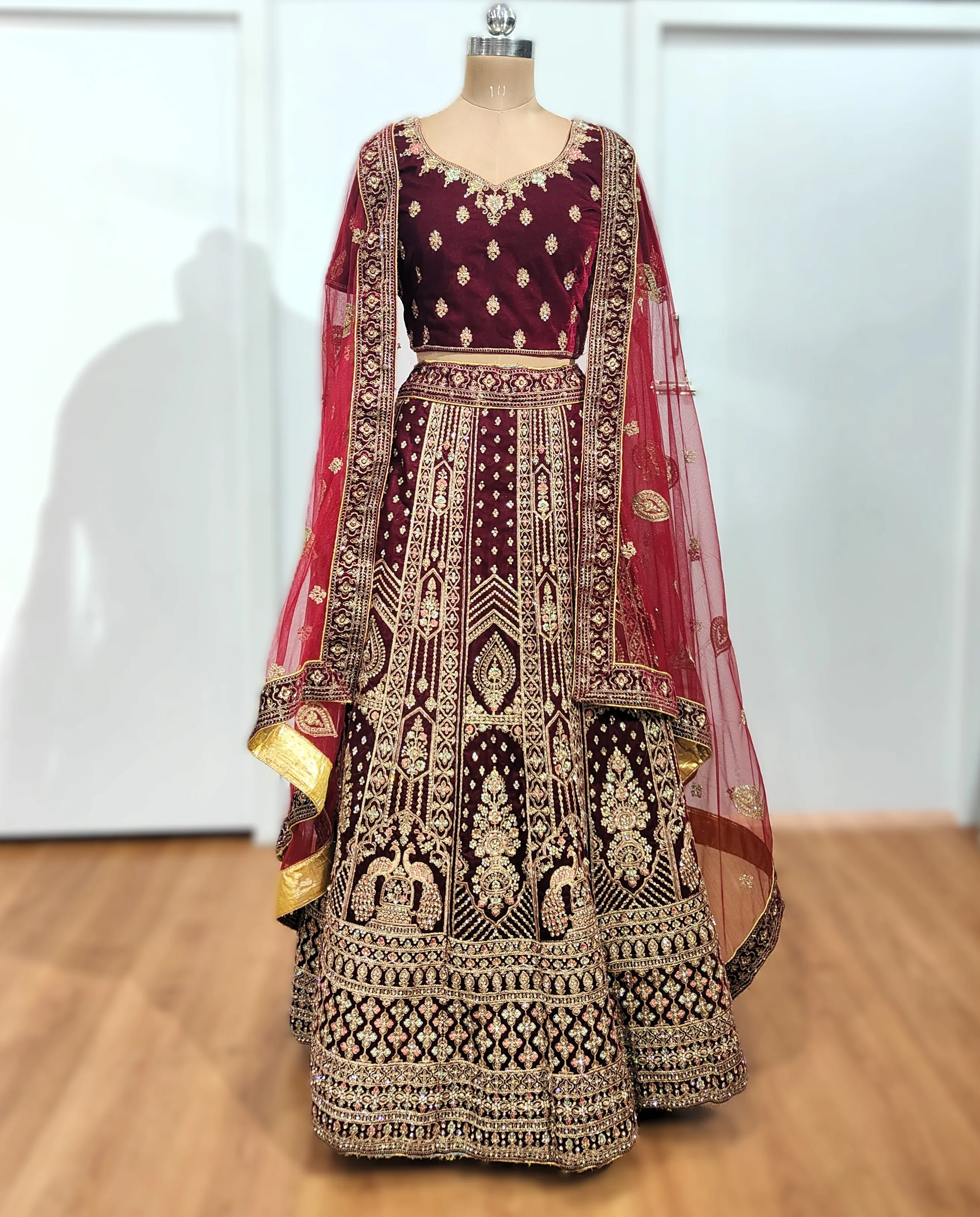 Maroon Velvet Double Peacock Bridal Lehenga - L6009 , BUL