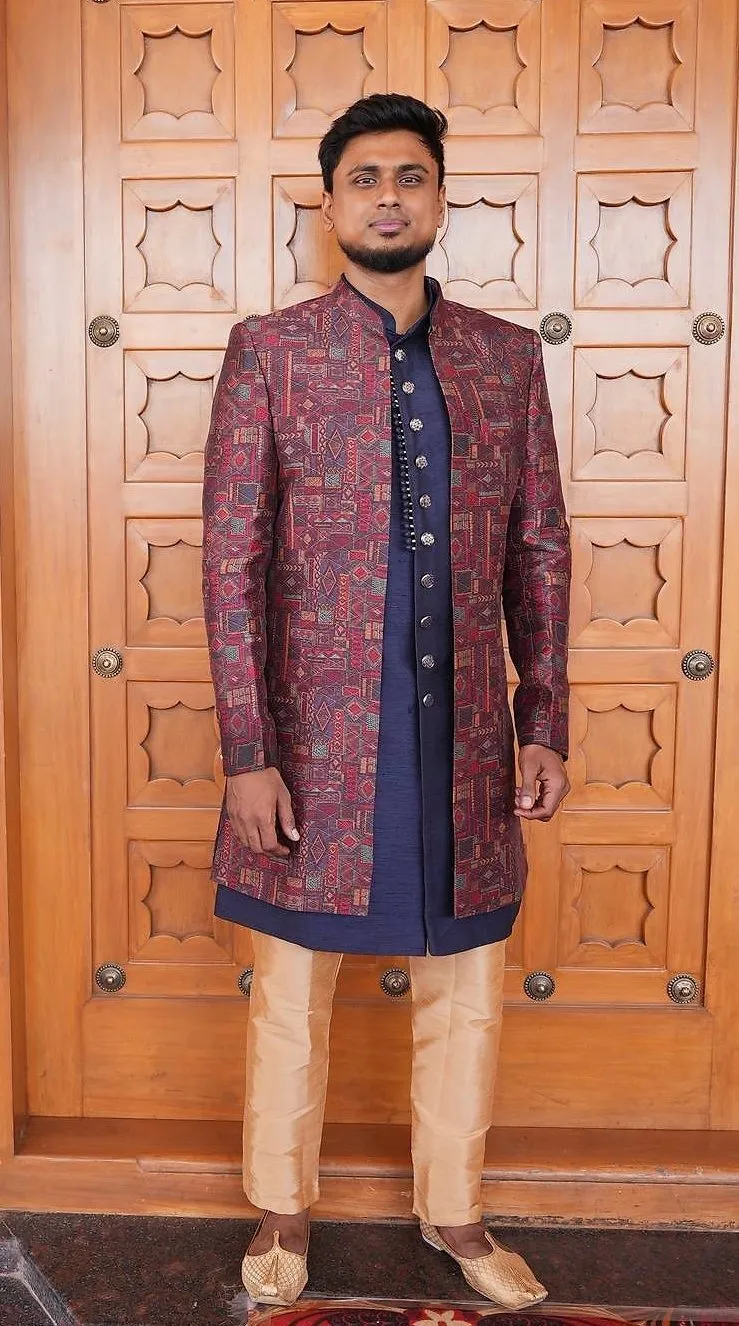  Red And Blue Tribal Printed Sherwani EMS
