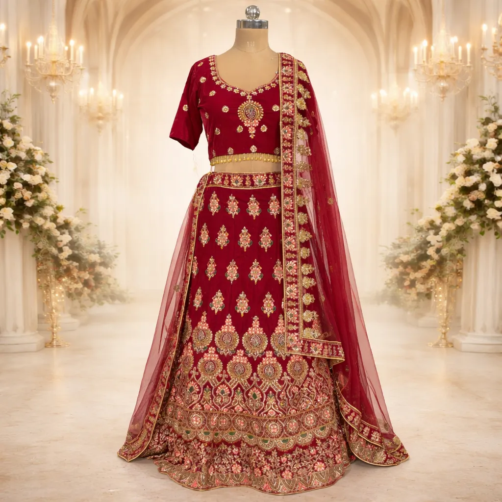 Maroon Floral velvet lehenga - BUL - L6084