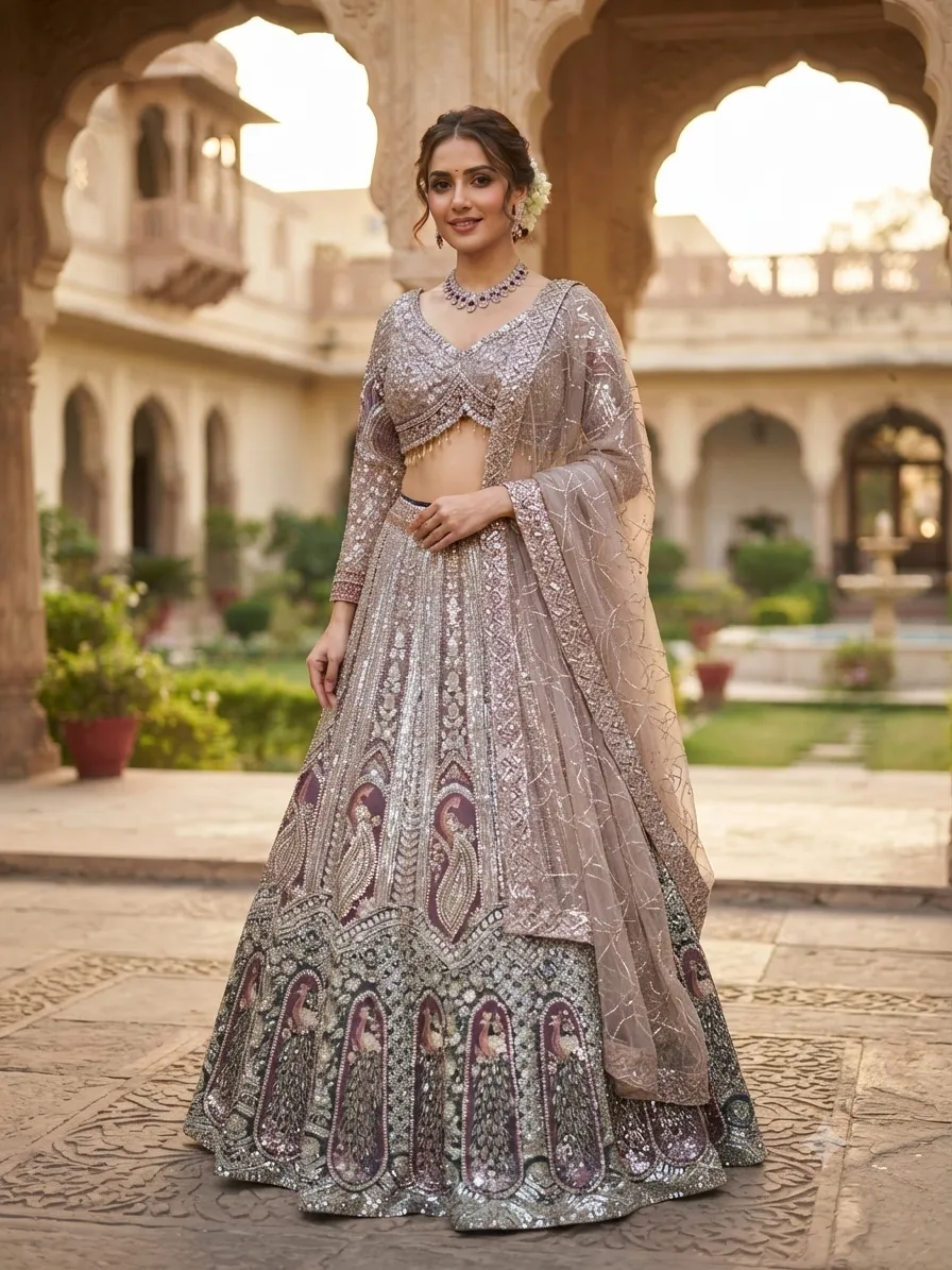 Gold With Green Full Sequence Bridal Lehenga - GRW - L0132