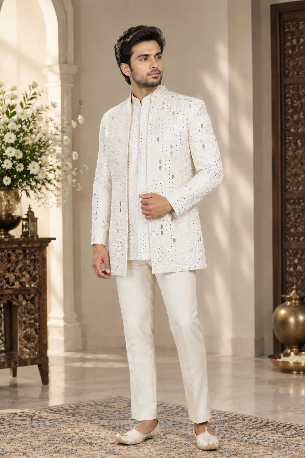 Beige Mirror Embroidered Jodhpuri