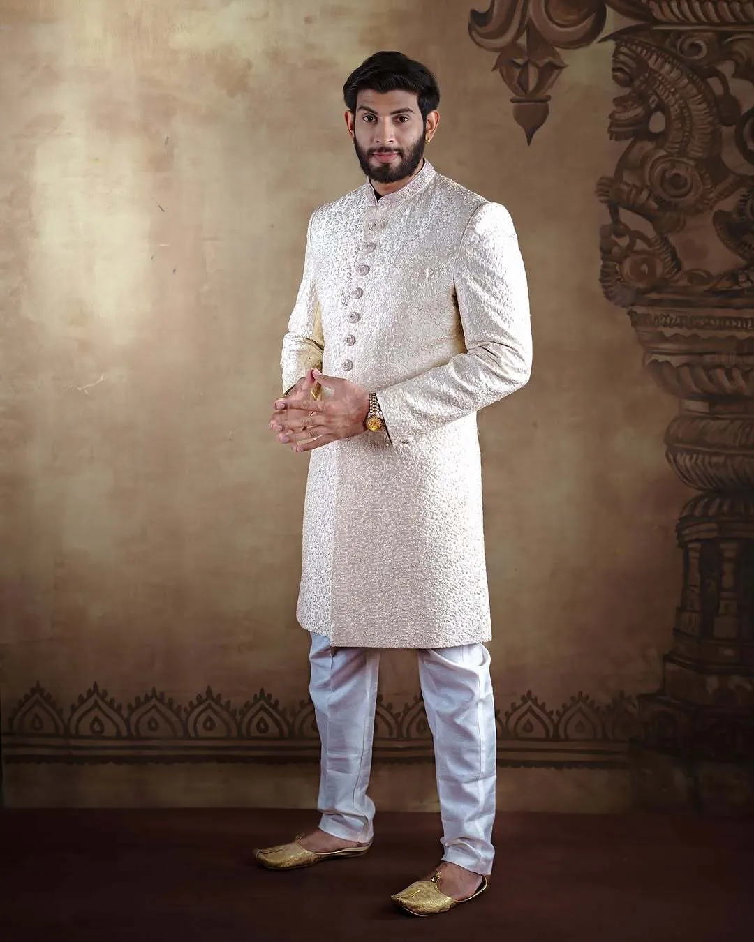 Light Beige Art Silk Embroidered Sherwani - EMS
