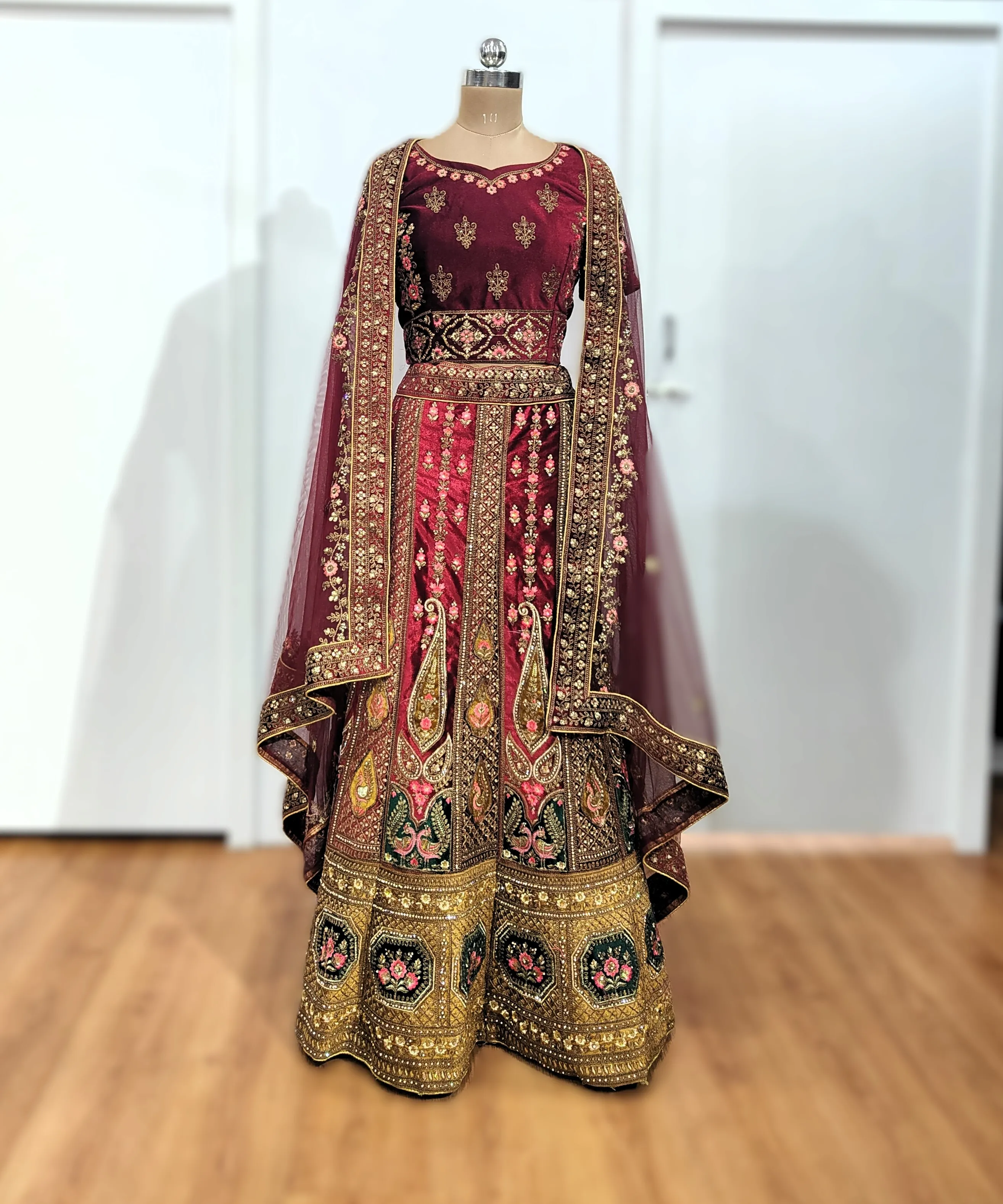 Maroon With Green Double Peacock Bridal Lehenga - L6011 , BUL