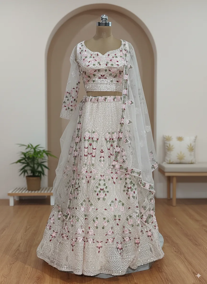Ivory Floral Sequin Work Lehenga - L6063 , GRW