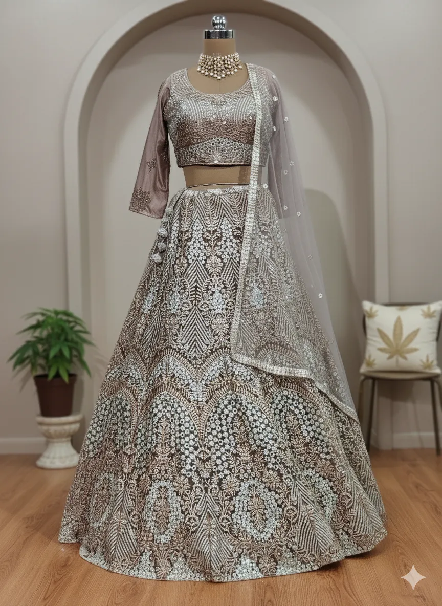 Peach Mirror Work Bridal Lehenga - L6062 , GRW