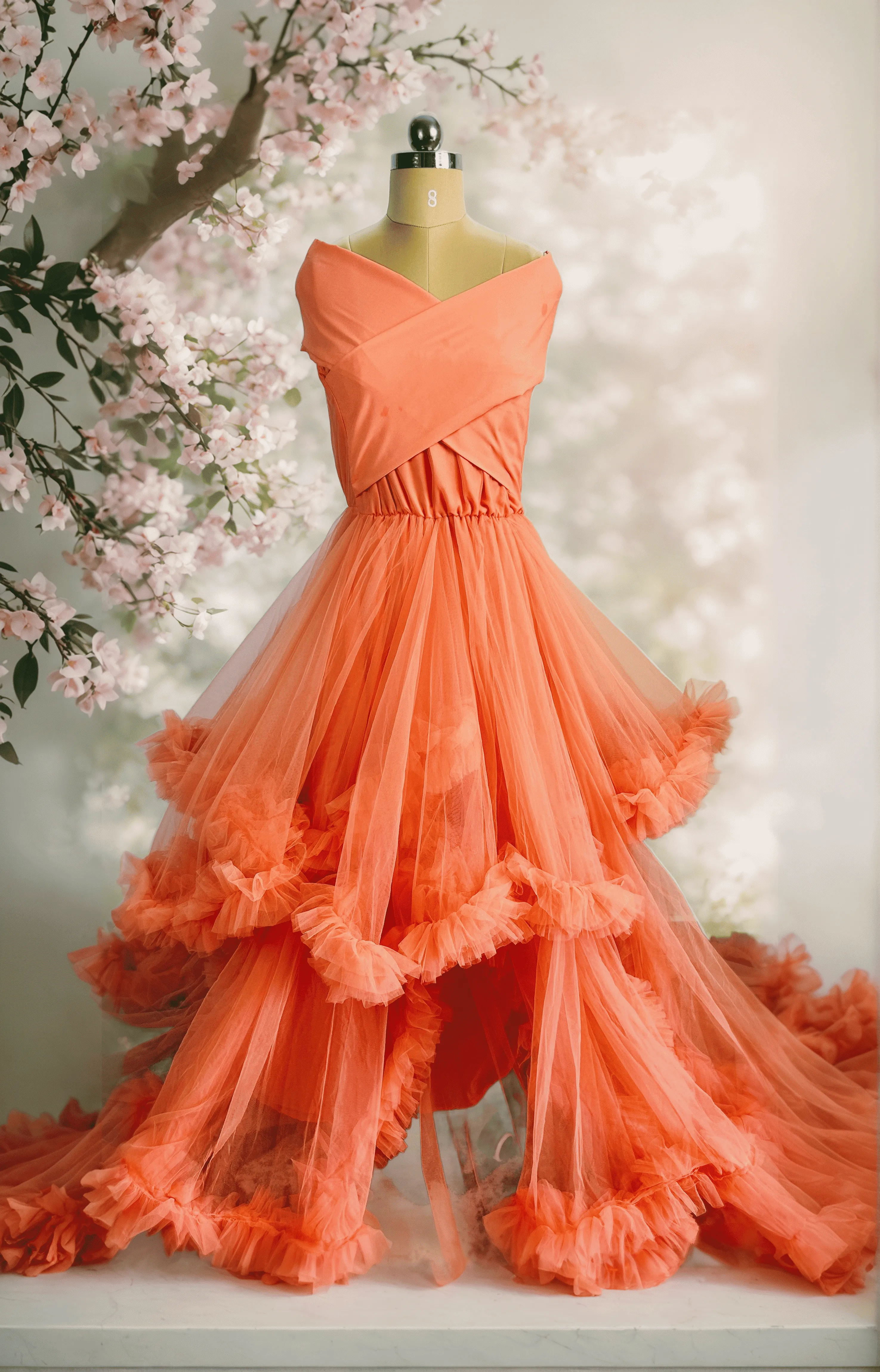 Ruffled Orange Net Gown MNP