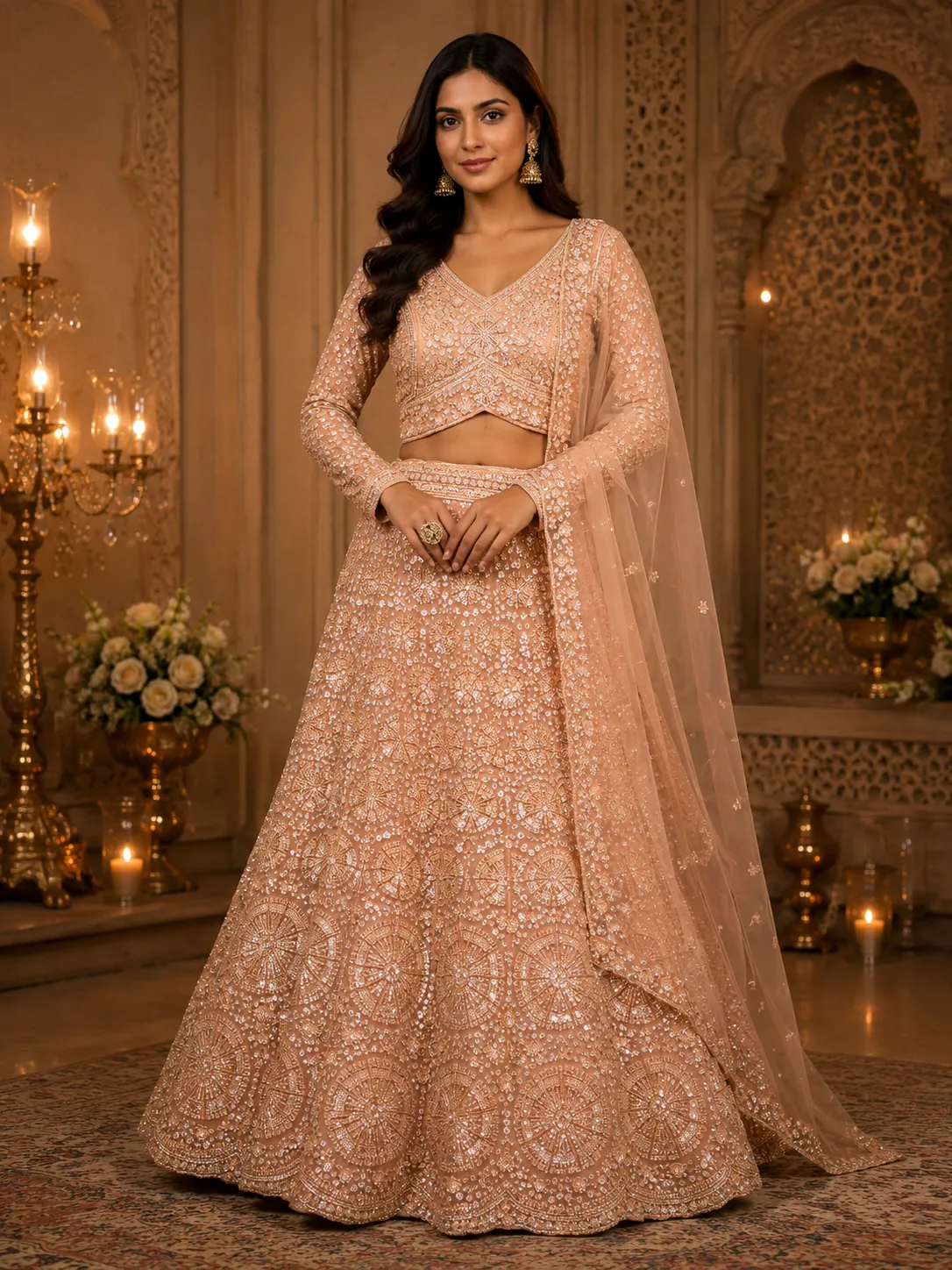 Beige Designer Sequence Bridal Lehenga - L6086 - L5031
