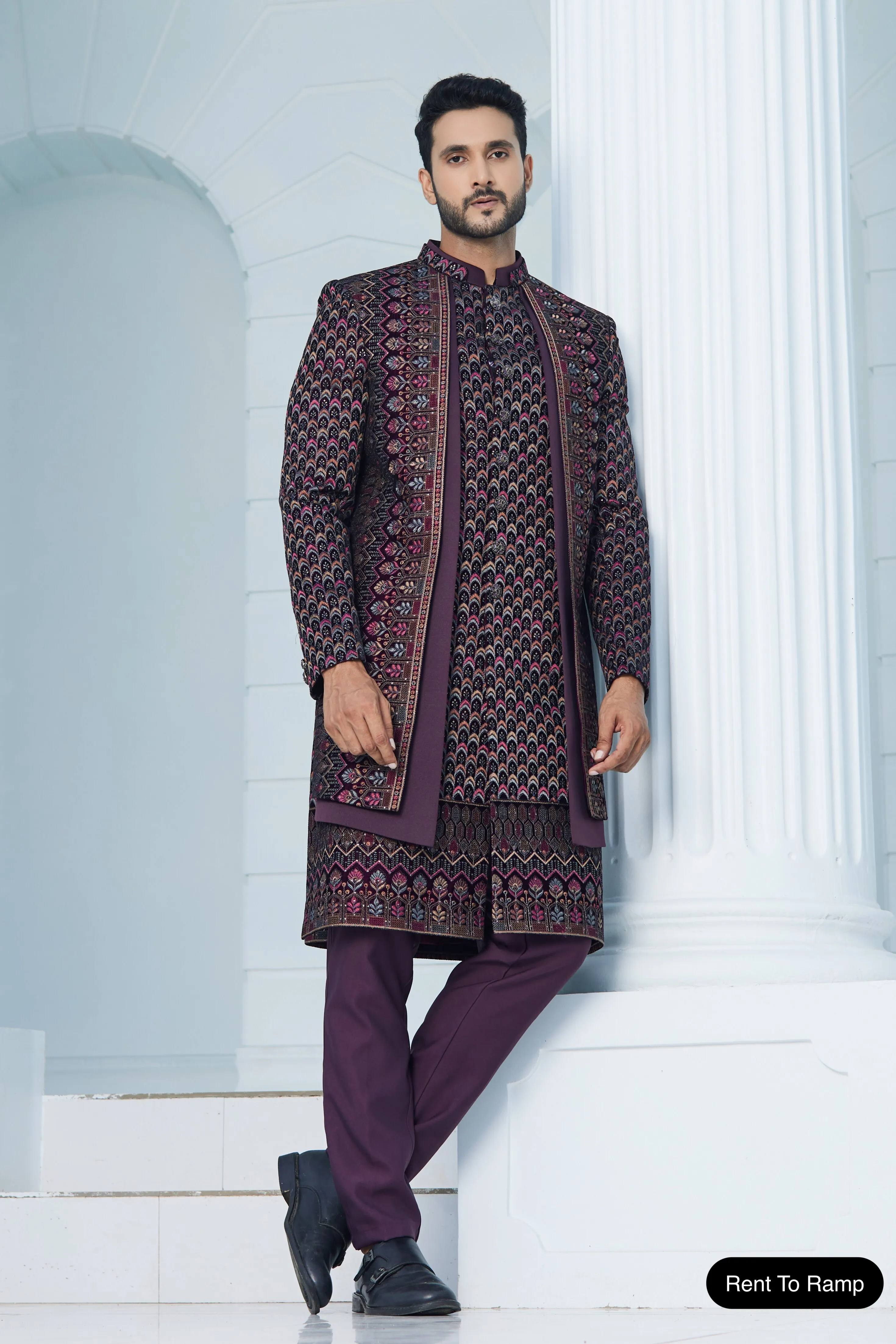 Dark Purple Embroidered Velvet Jacket Style Sherwani