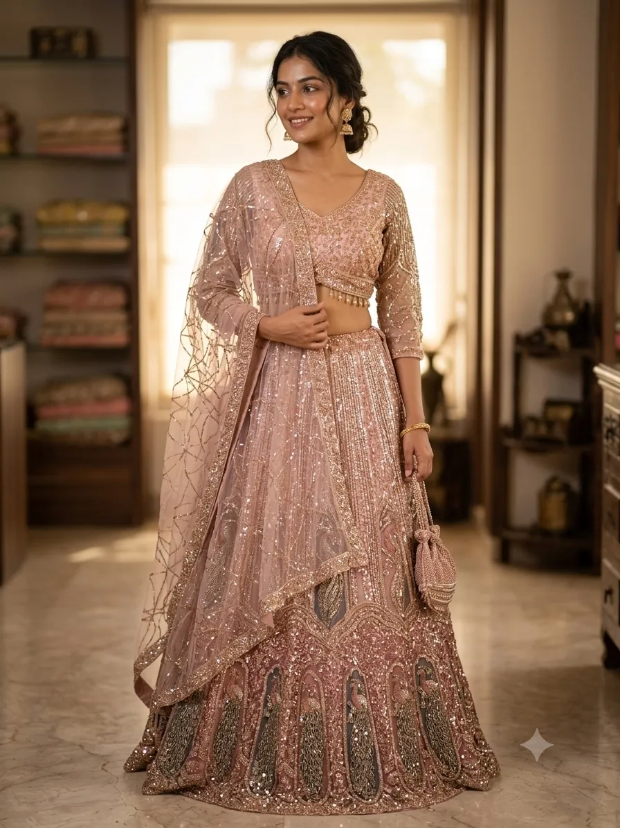 Pink With Green Heavy Work Bridal Lehenga - L0124 - GRW