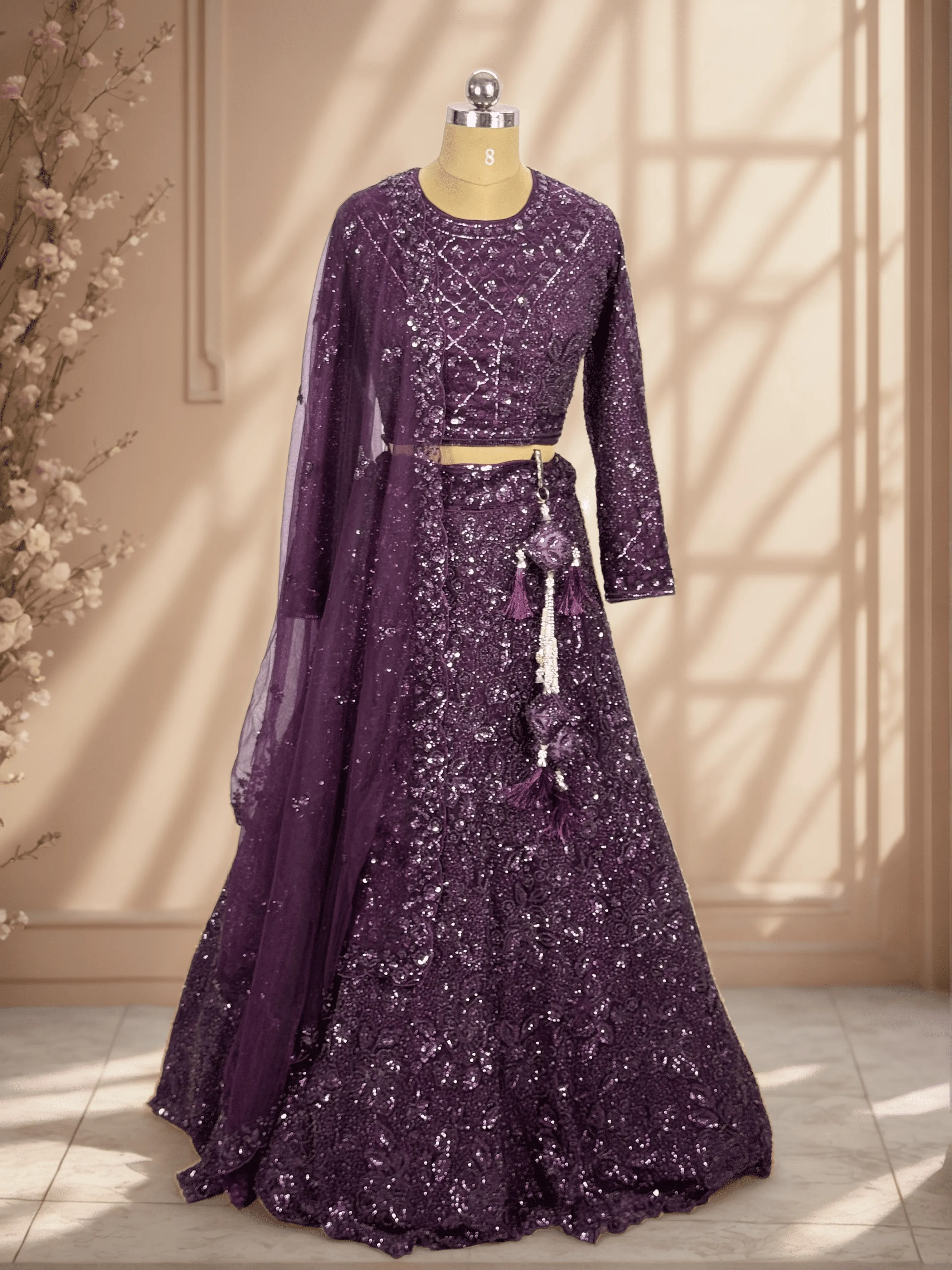 Spangle Wine Bridal Lehenga - GRW , L0088 , L6069