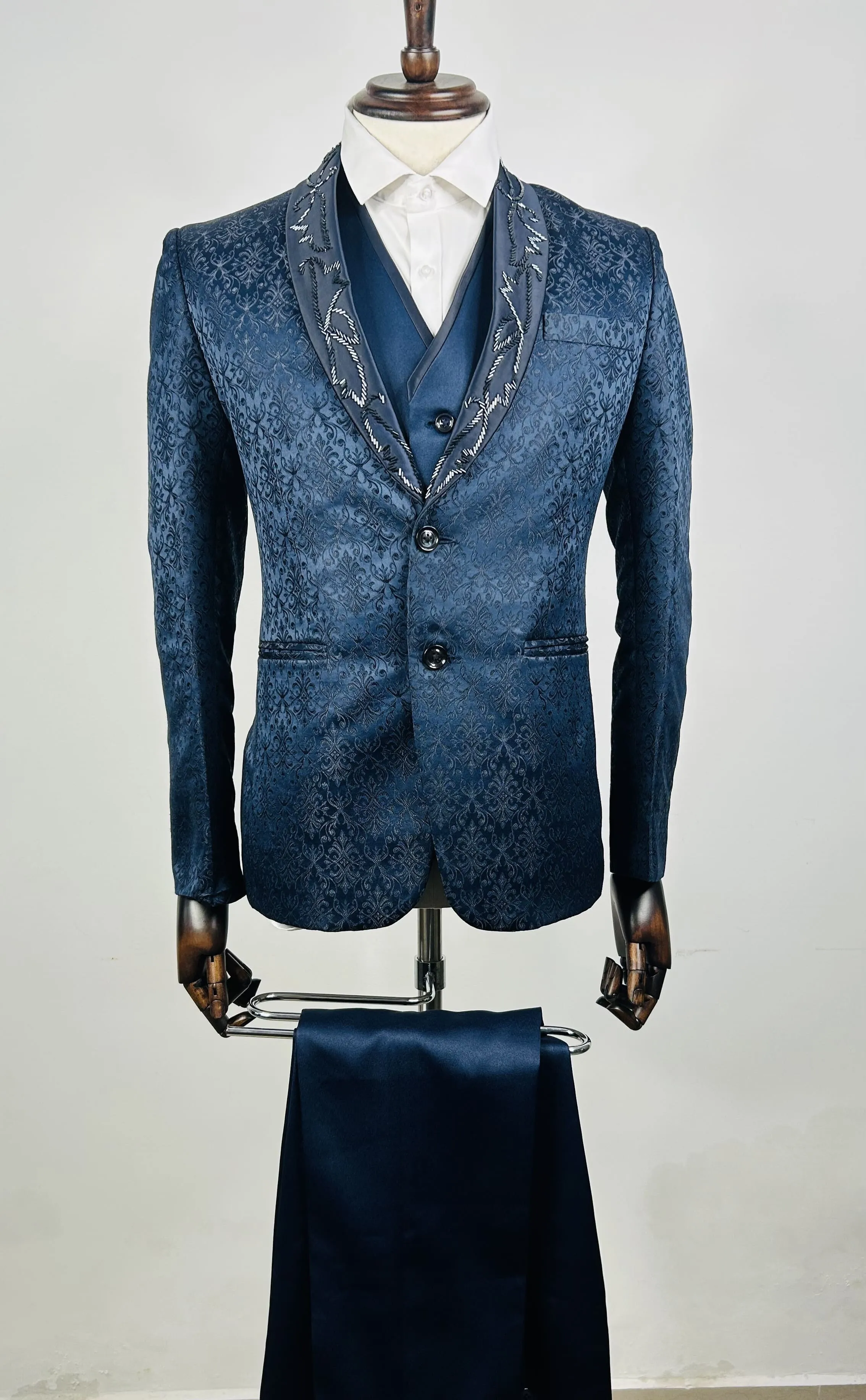 Blue Lapel Embroidery  3 Piece Tuxedo - EMS