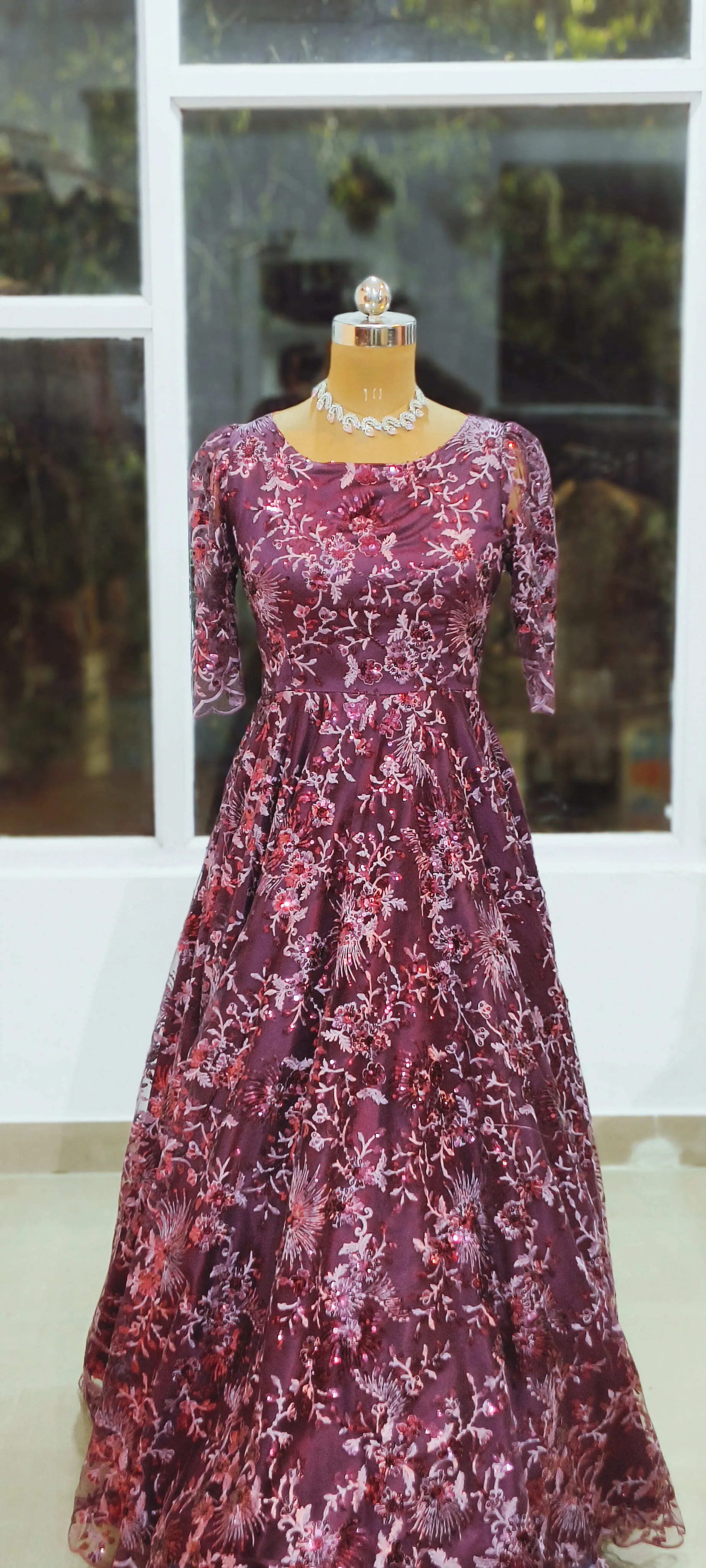 Purple Floral Full Sequins Gown