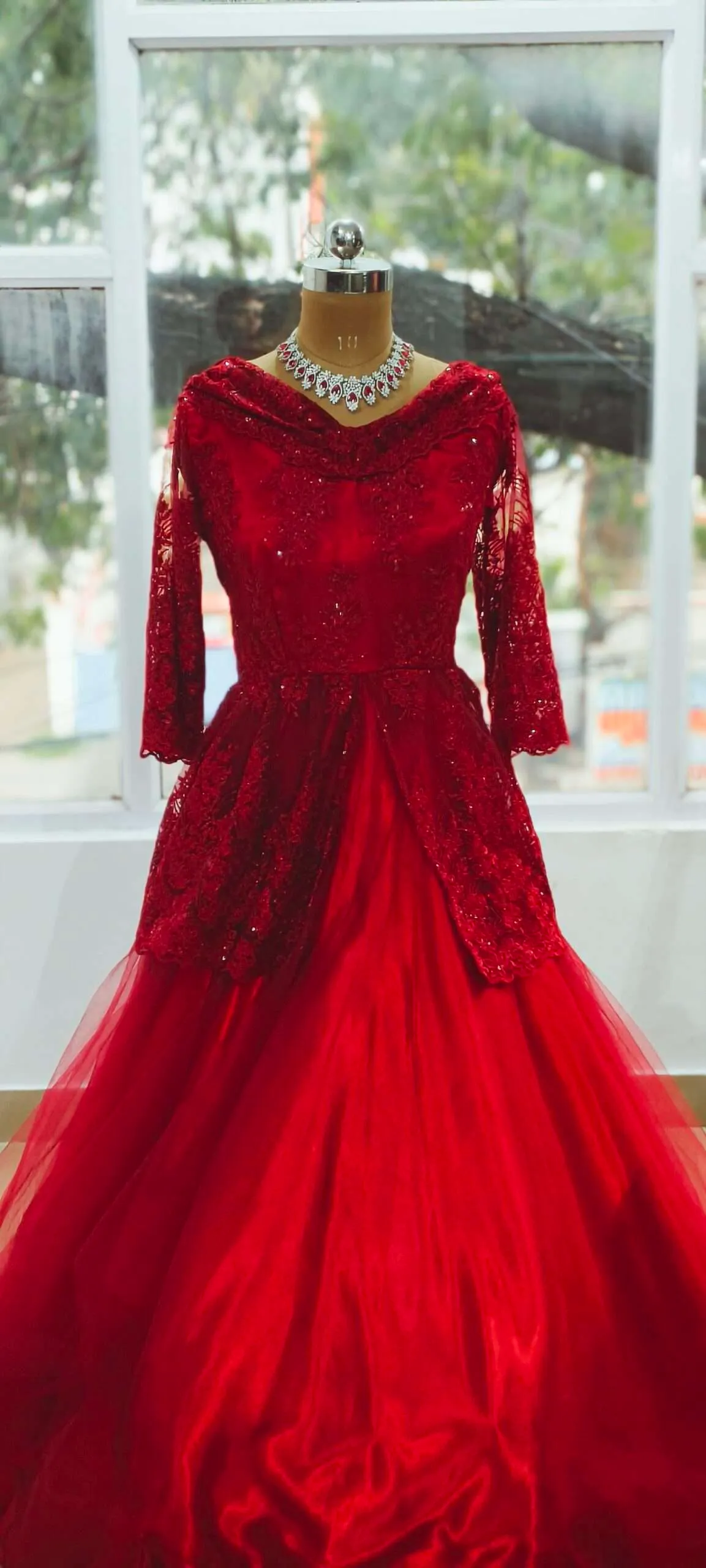 Red Sequins Layered Gown