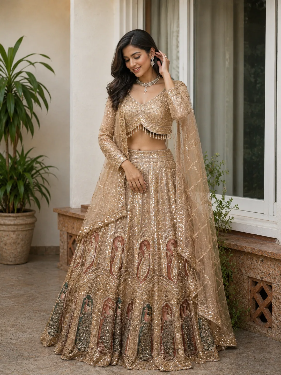 Gold With Pink Heavy Work Bridal Lehenga  - L0122