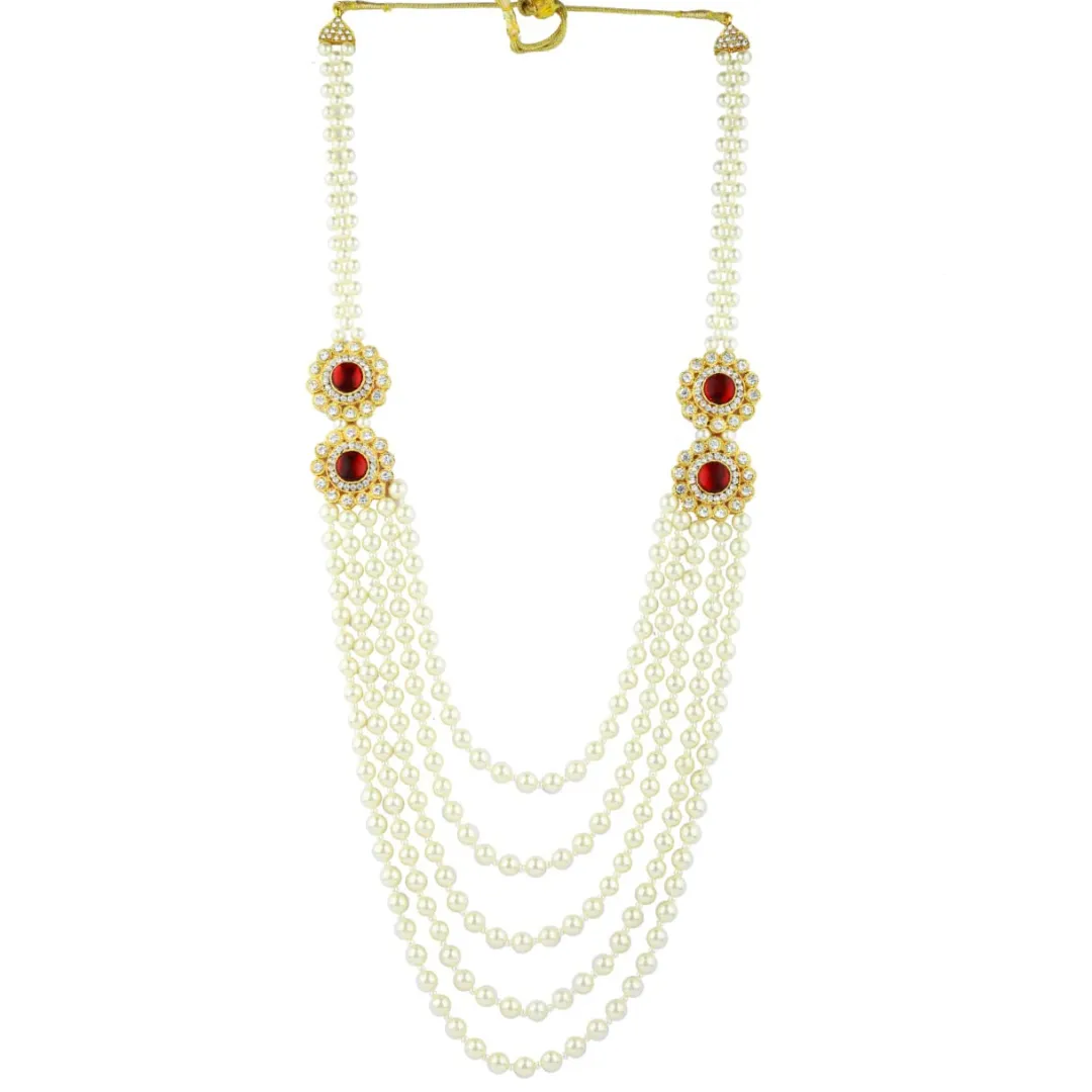 White Pearl with Maroon Stone Mala for Men