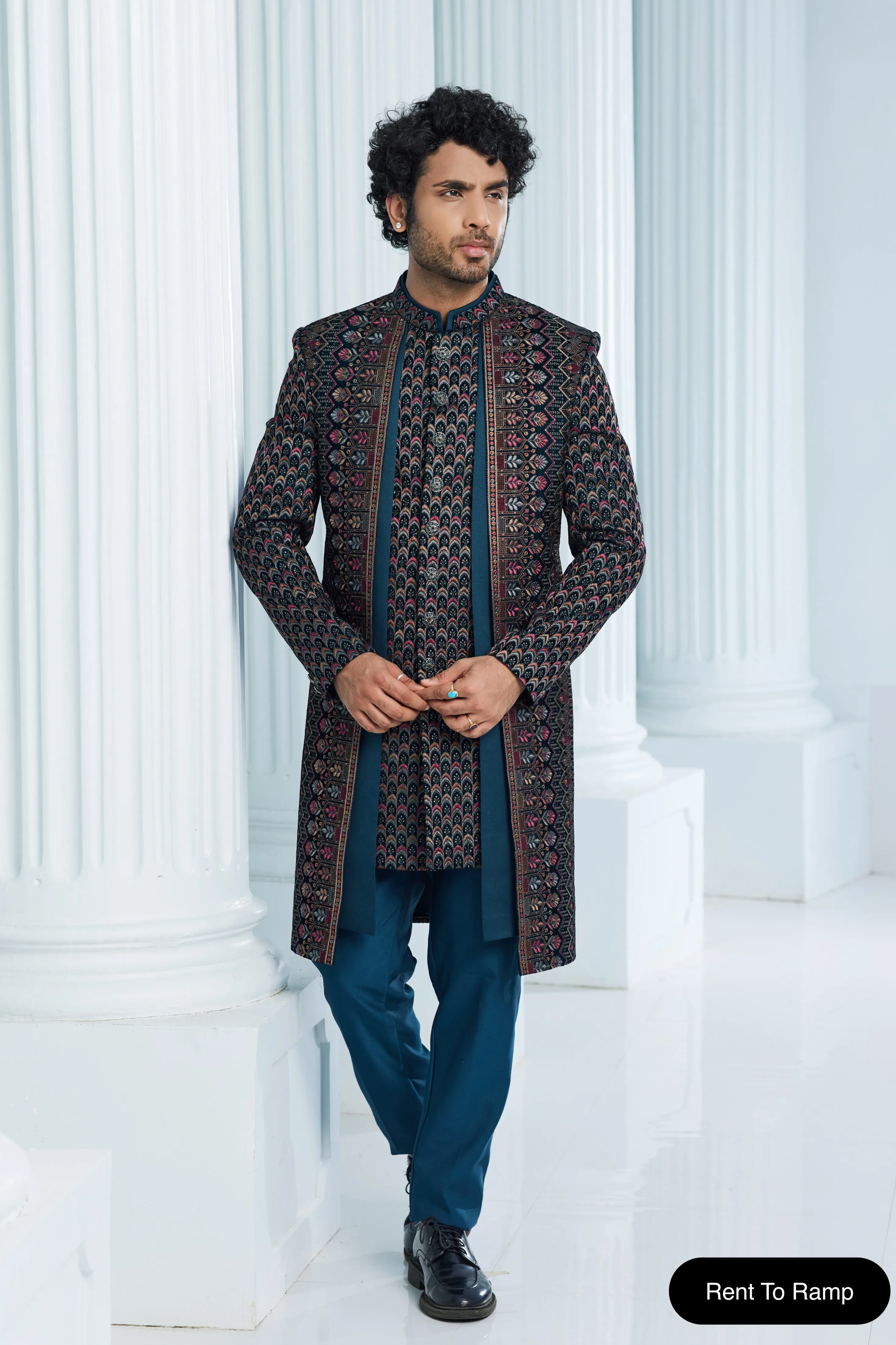 Dark Teal Green Embroidered Velvet Jacket Style Sherwani