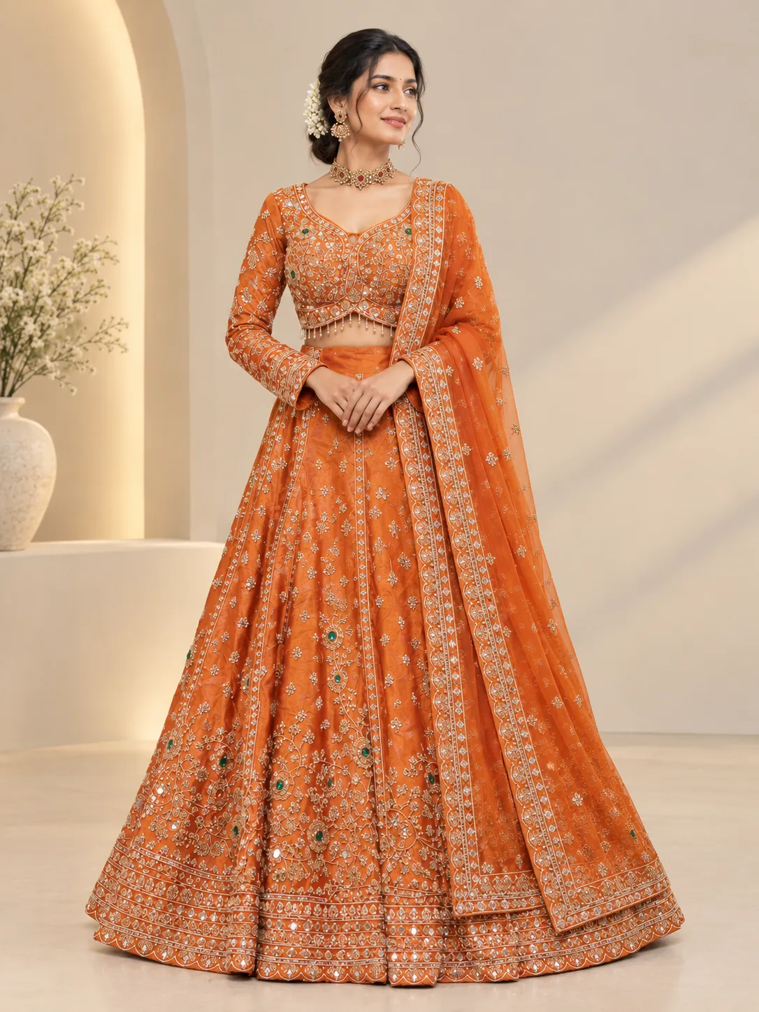 Orange silk work bridal lehenga - GRM - L3016