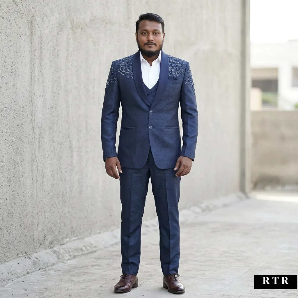 Navy Blue Floral Embroidery Tuxedo