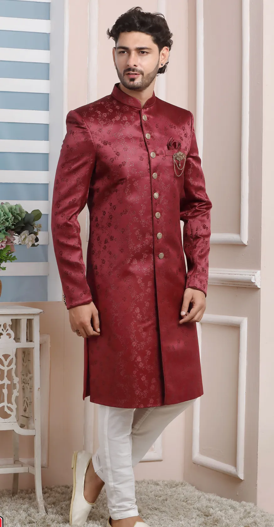 Maroon Jacquard Silk Sherwani