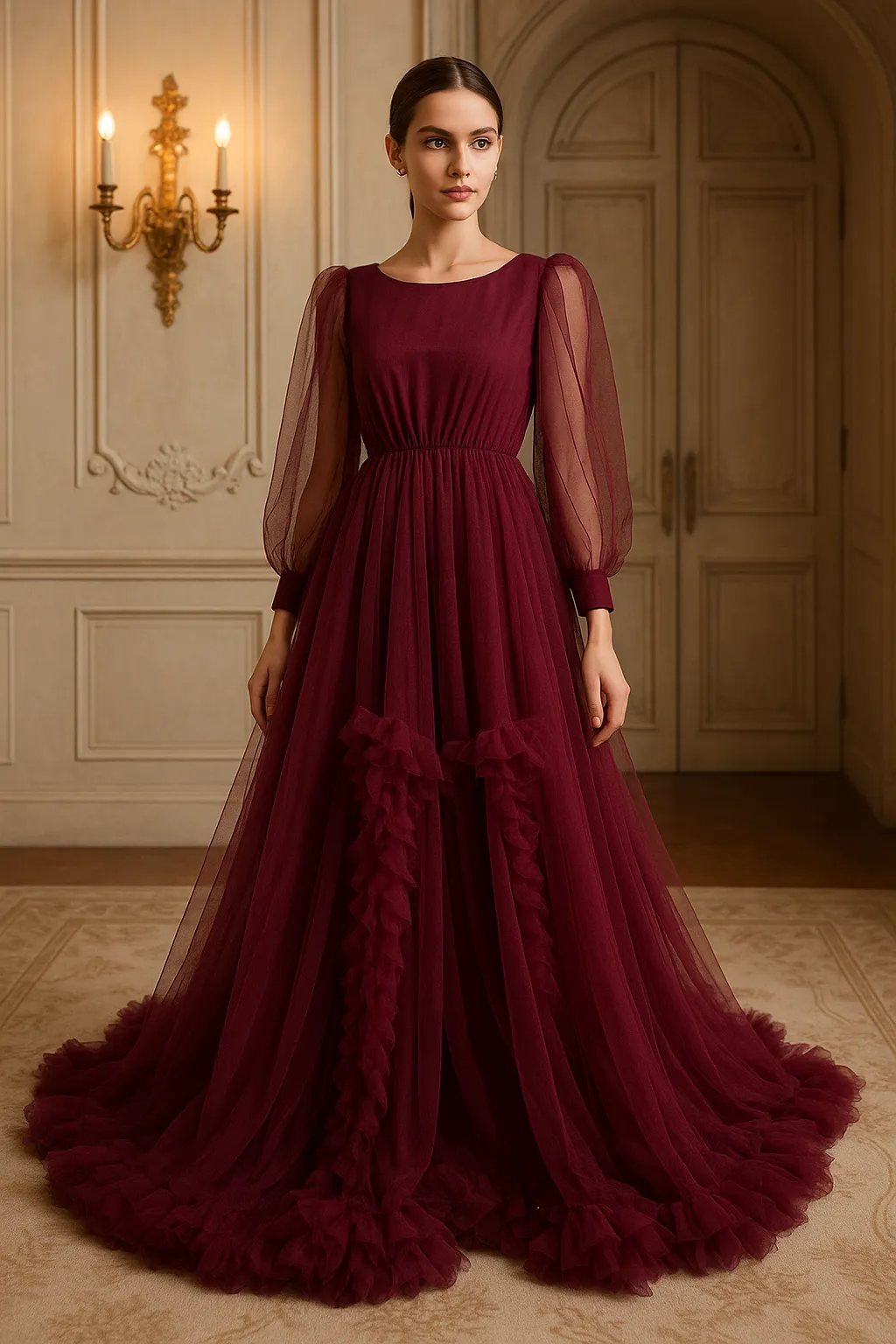 Wine Frilled Gown MNP