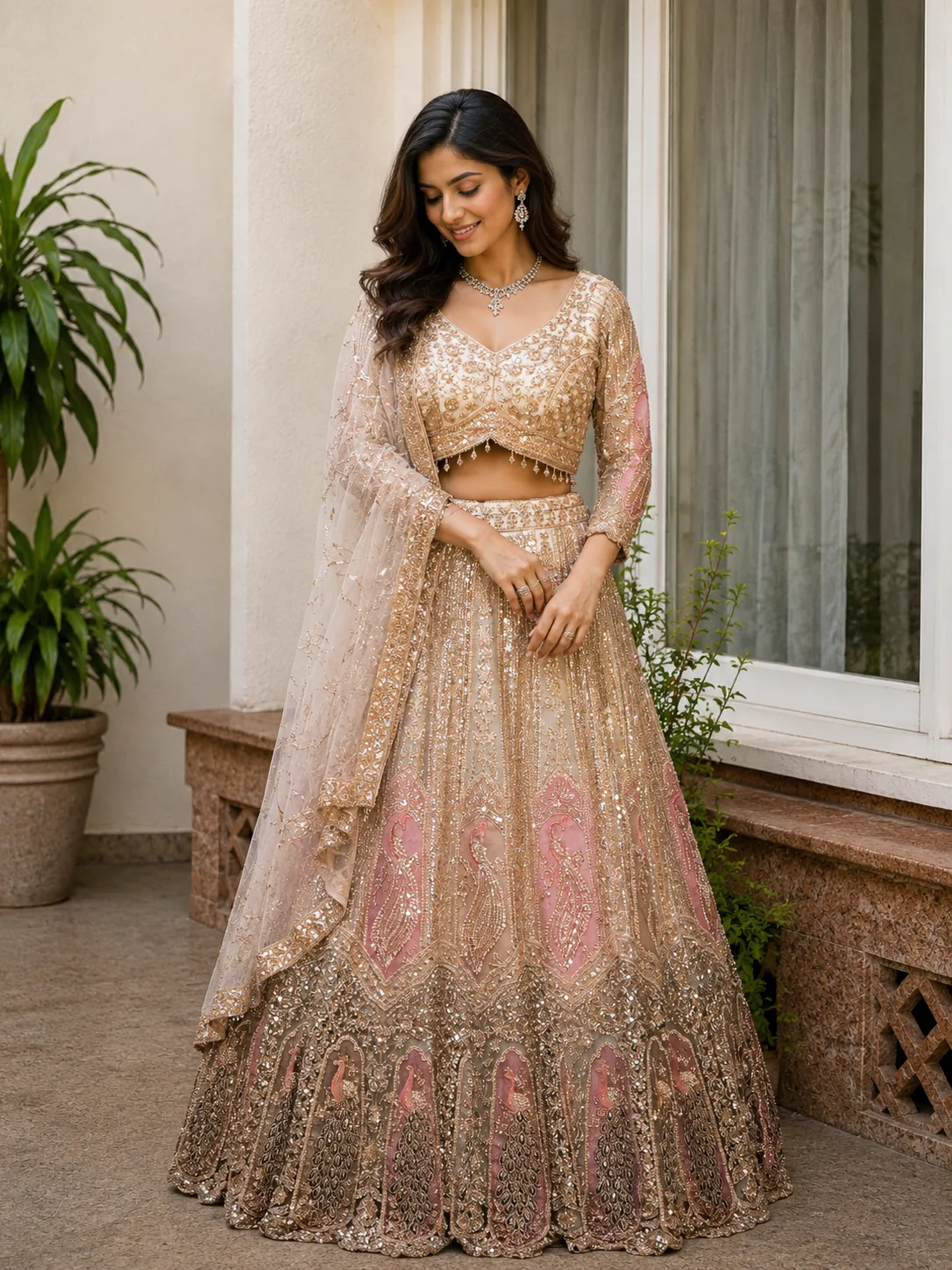 Gold With Pink Heavy Work Bridal Lehenga  - L0122