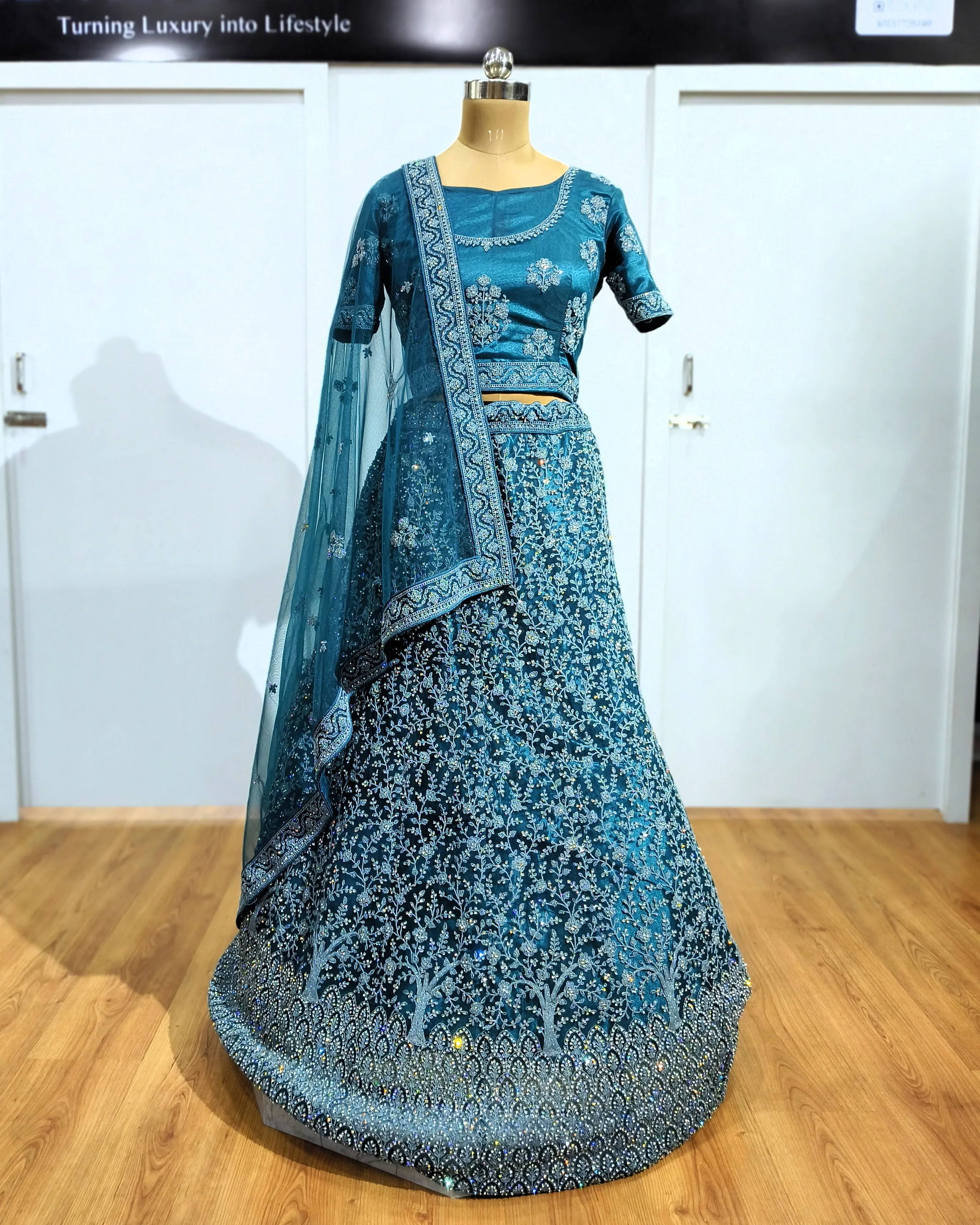 Peacock Blue Diamond Work Bridal Lehenga - L6010 , BUL