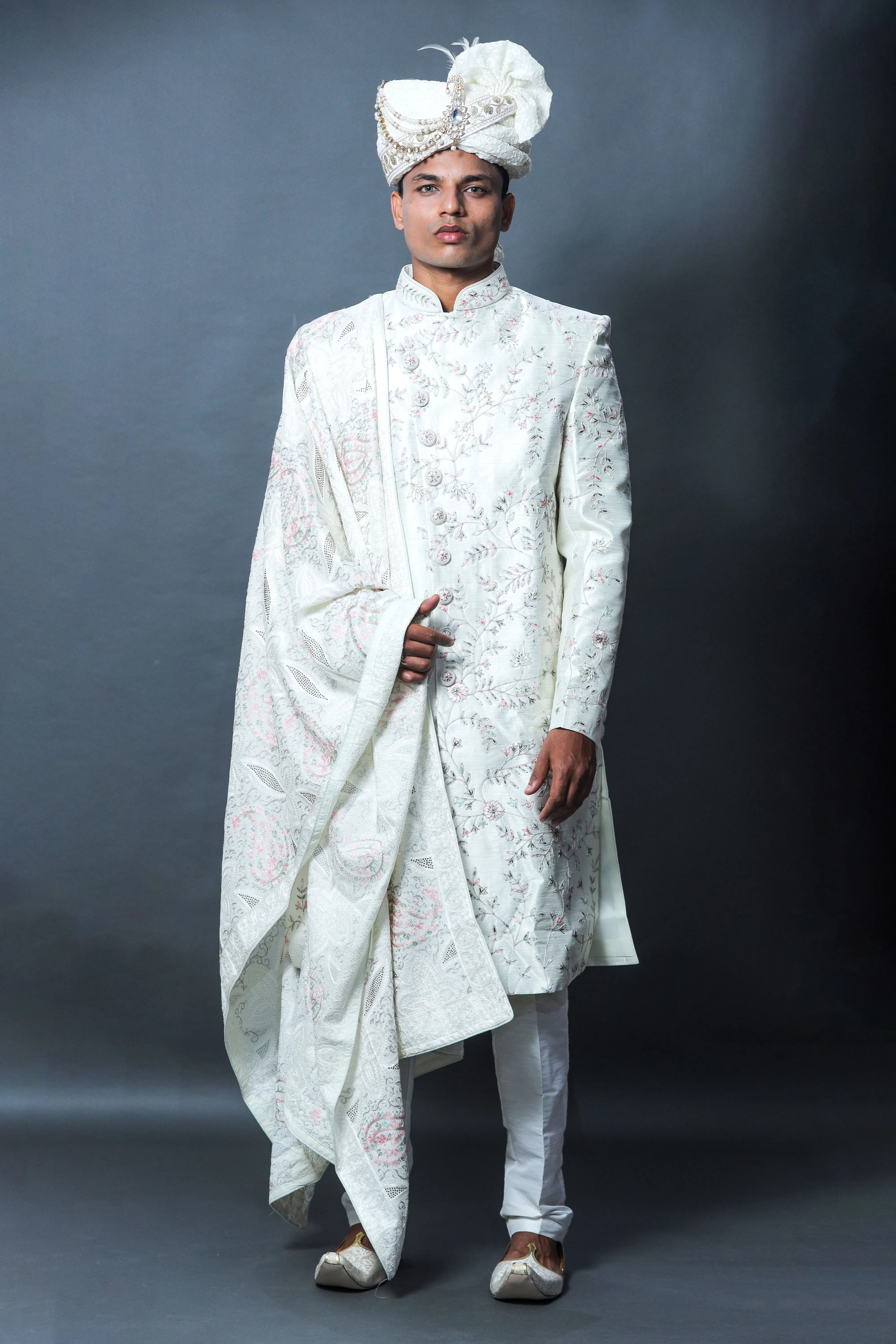 Cream Embroidery Sherwani - EMS