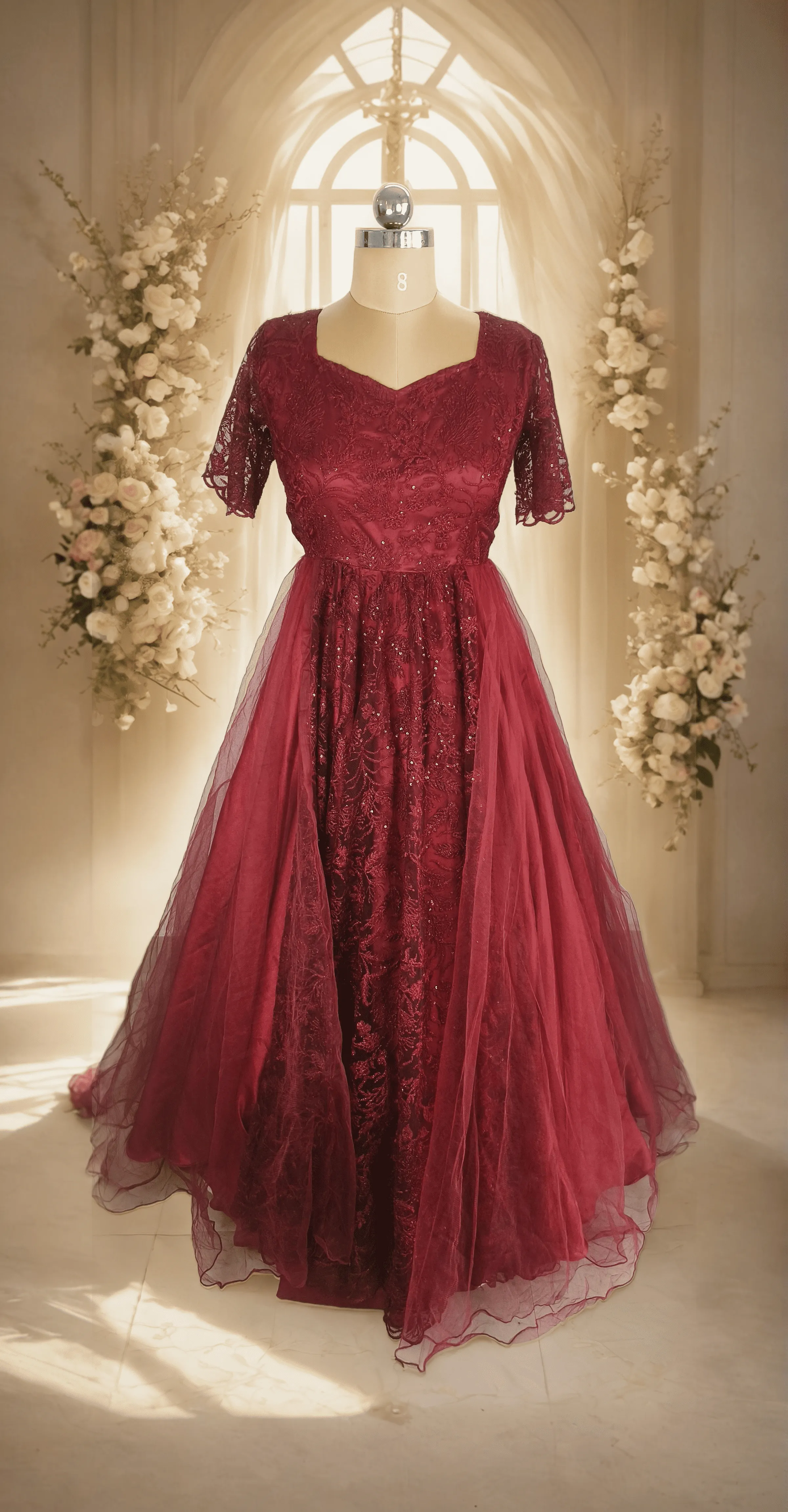 Maroon Full Georgette Sequin Gown