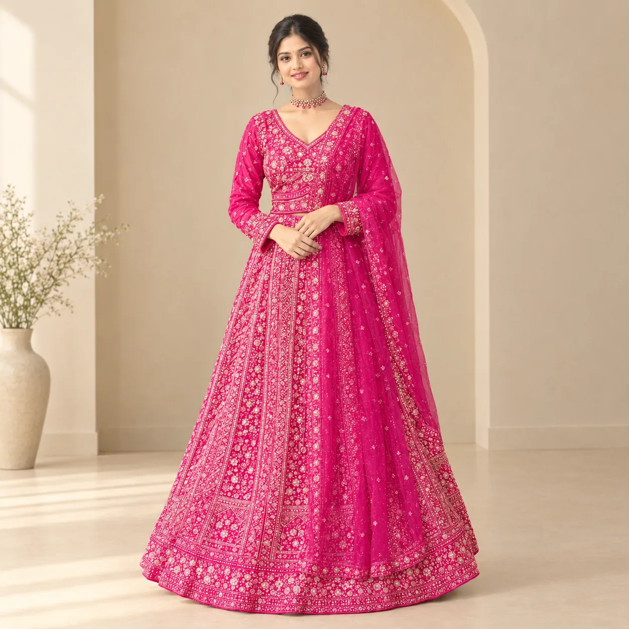 Magenta Pink Heavy Work Bridal Lehenga - GRW - L0138 - L6104