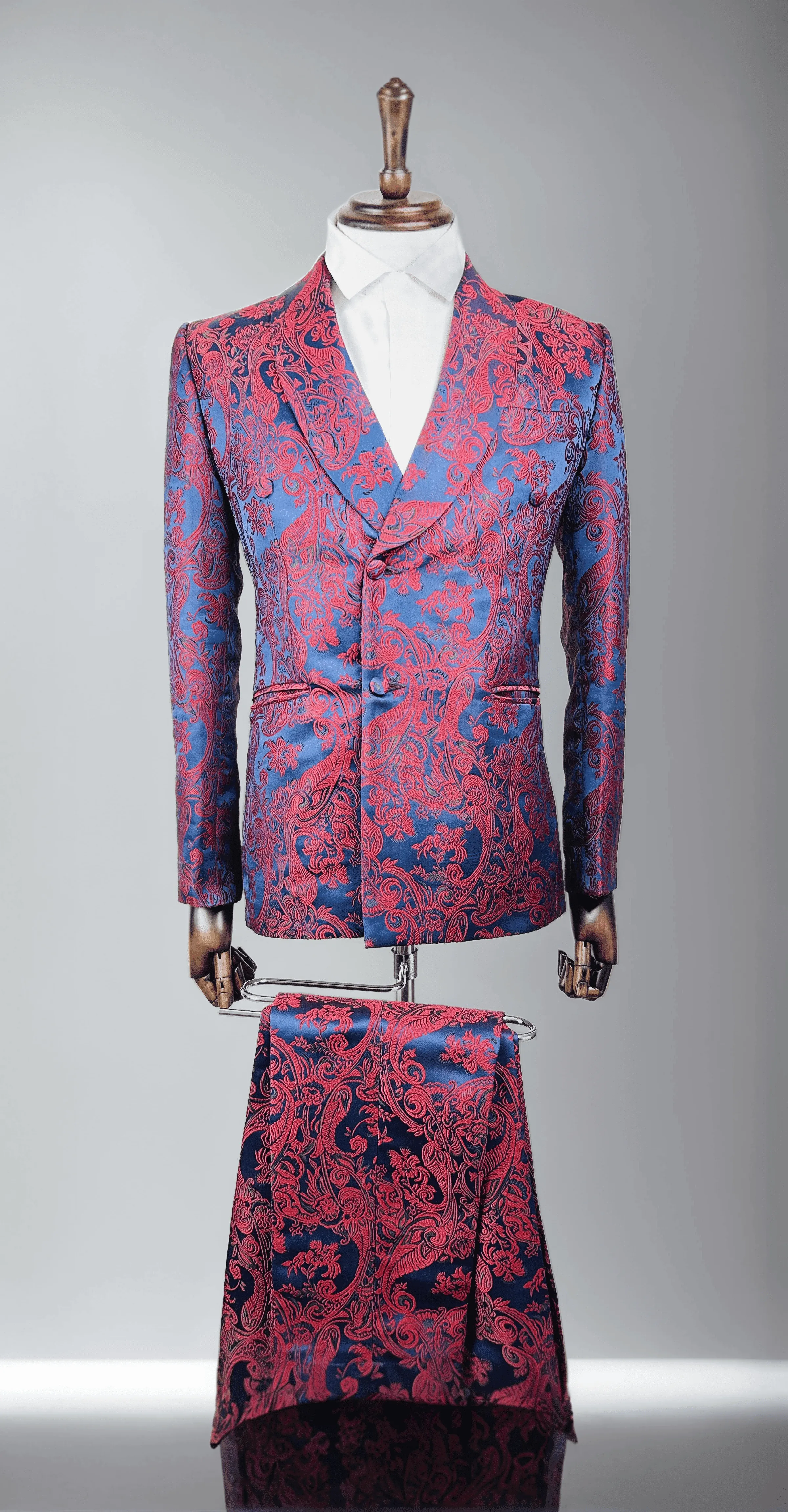 Red & Navy Printed Double Breasted Tuxedo