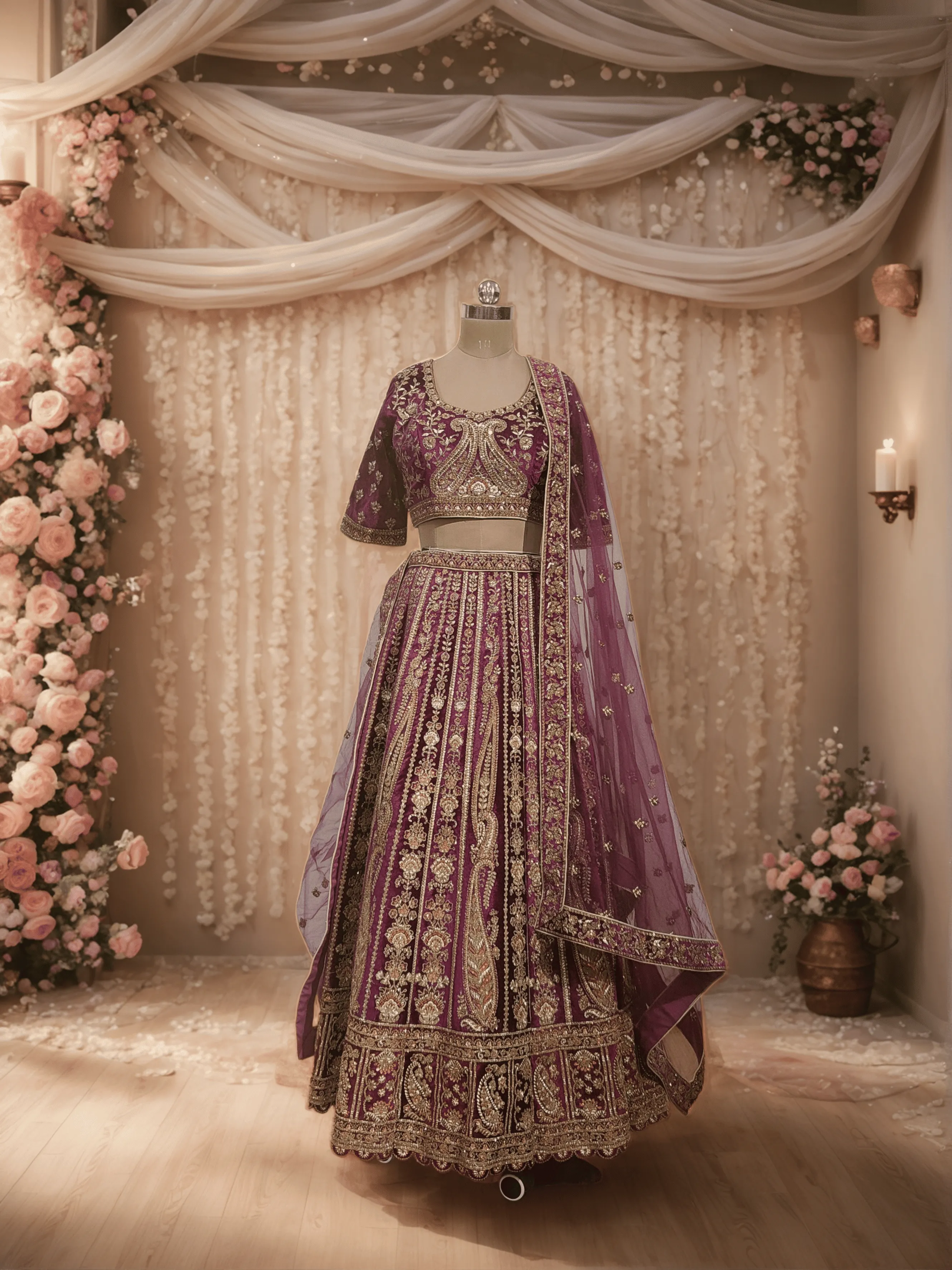 Purple Embroidered Velvet Lehenga - L6055 , GRW
